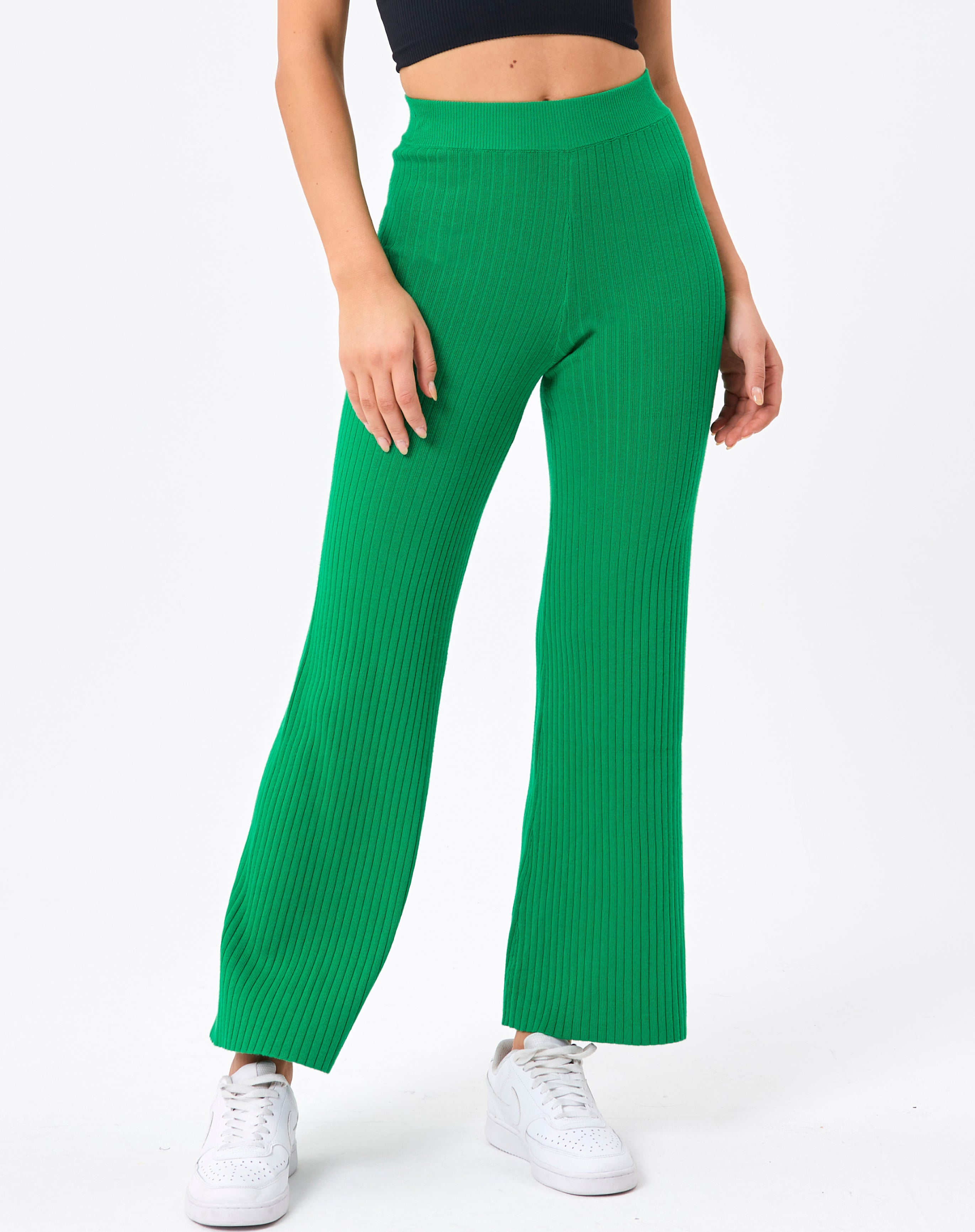 Recycled Ribbed Wide Leg Pant in Green 