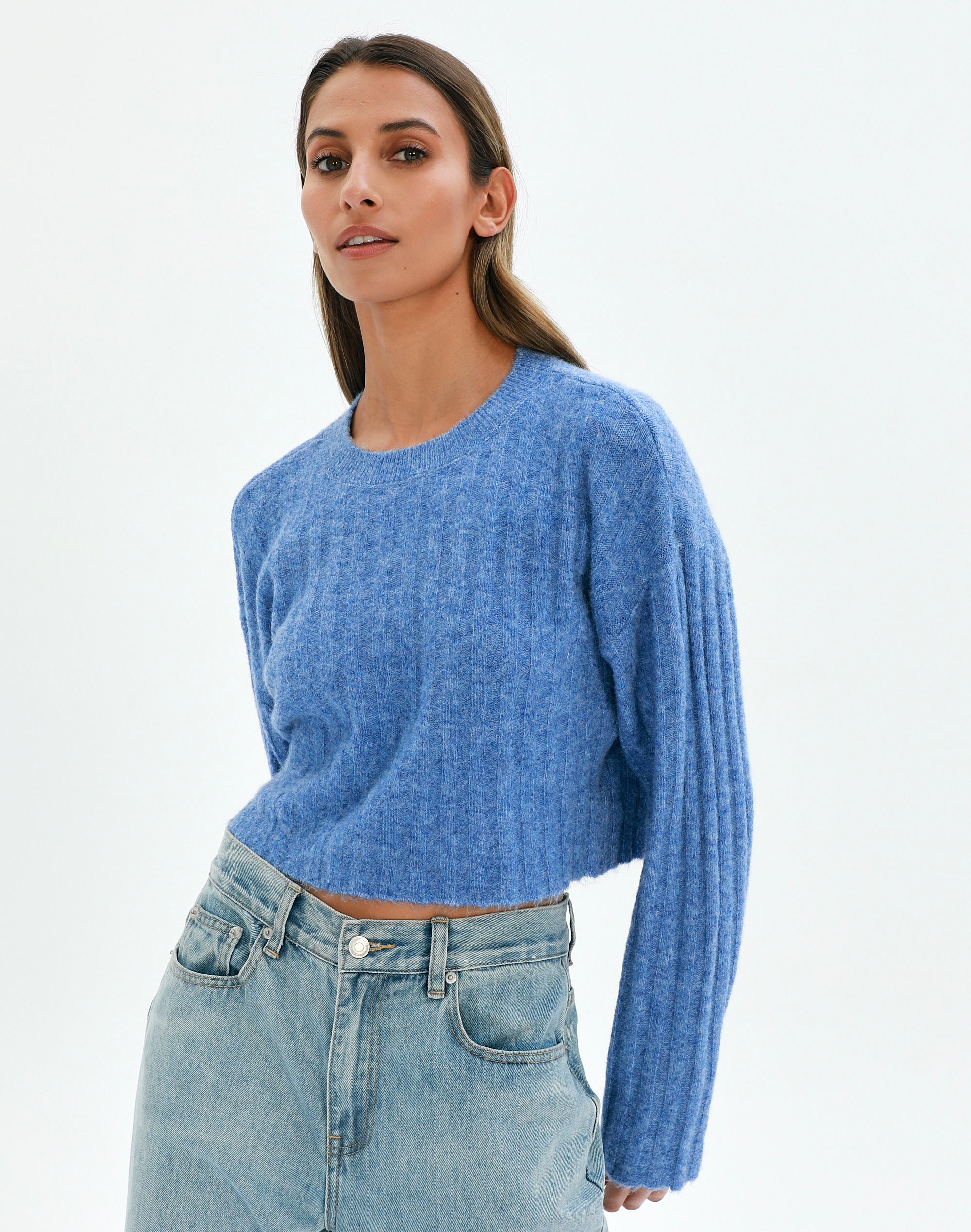 Recycled Knit Crew Neck Jumper in Blue | Glassons