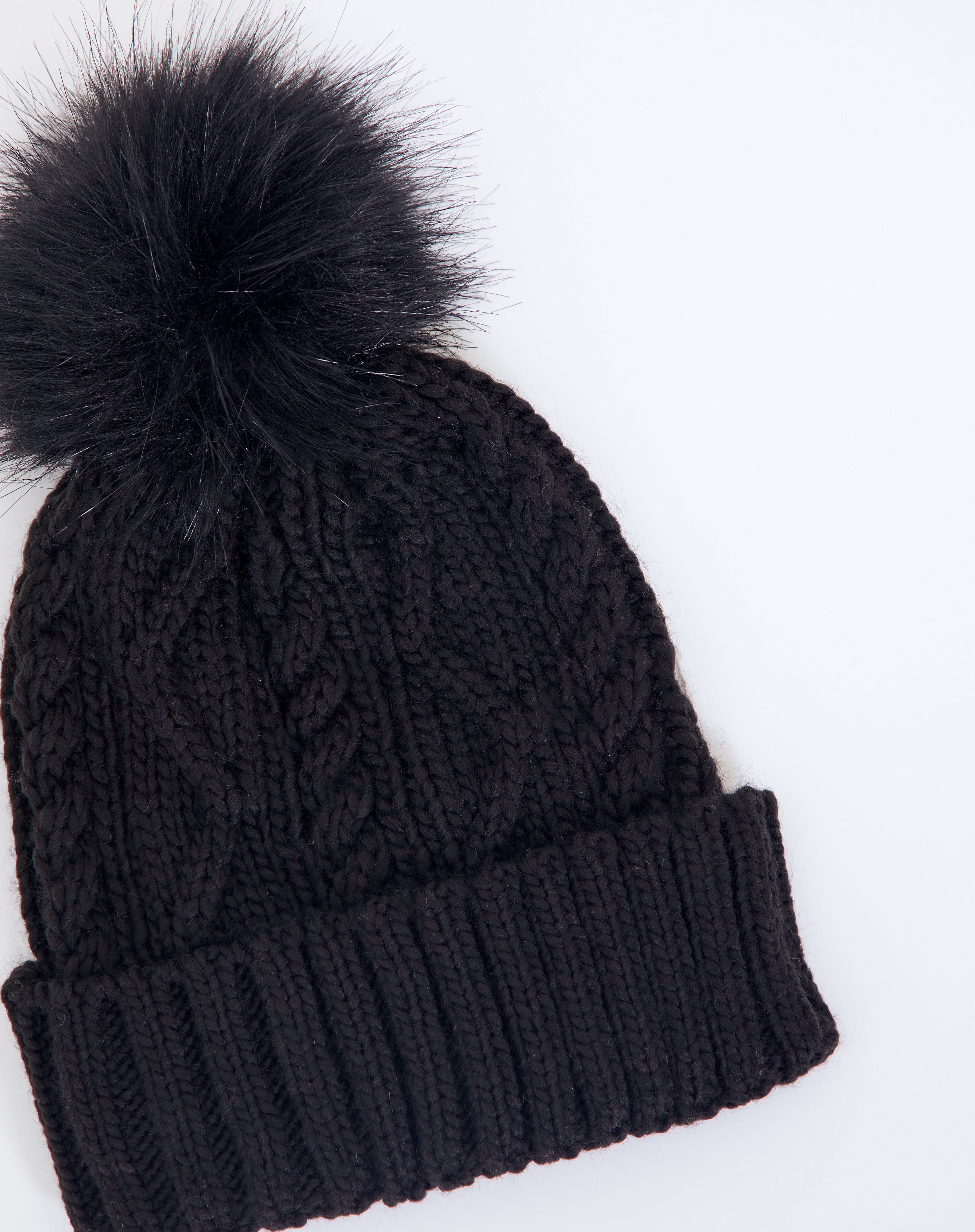 Recycled Cable Knit Faux Fur Pom Beanie 