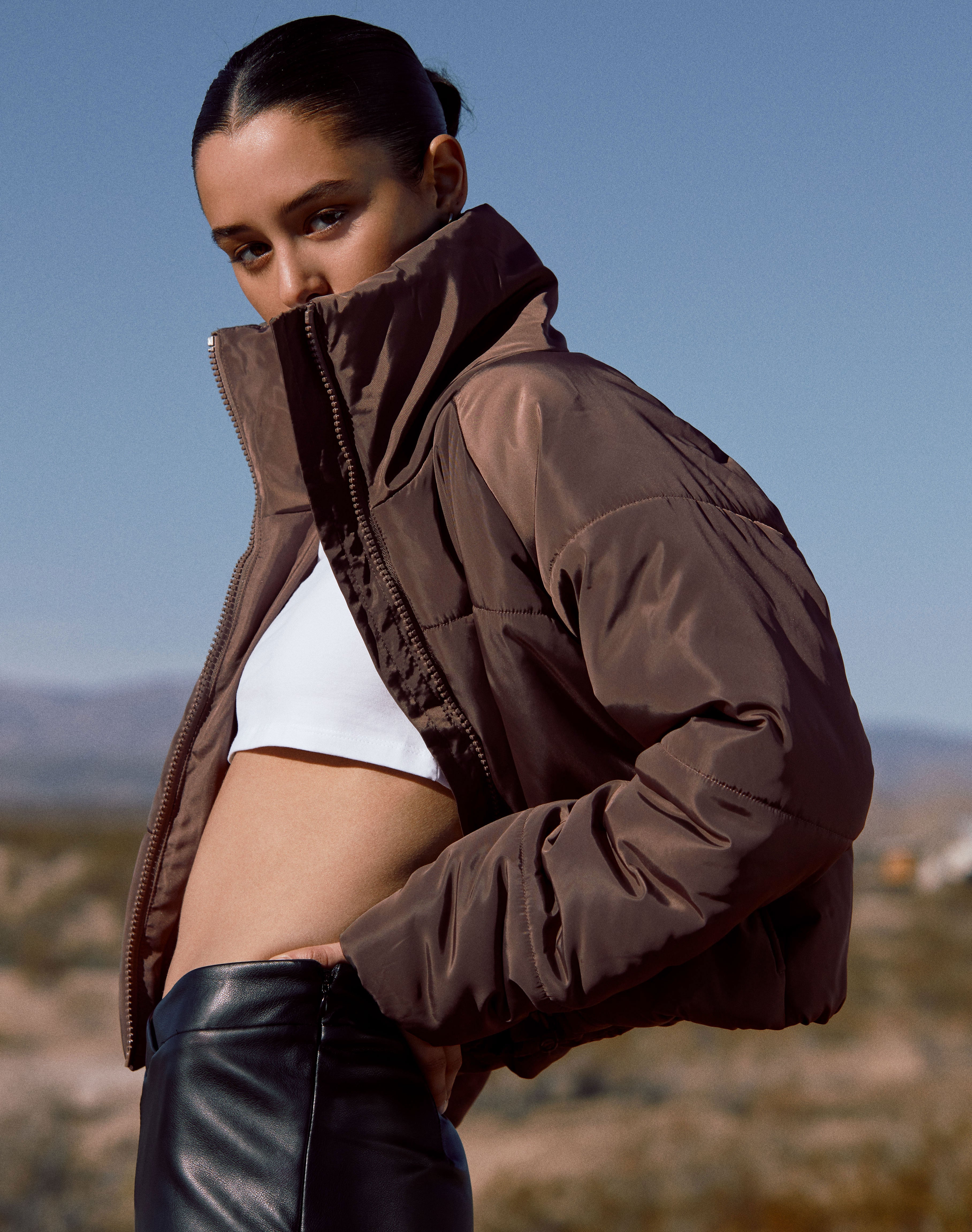 brown puffer jacket glassons