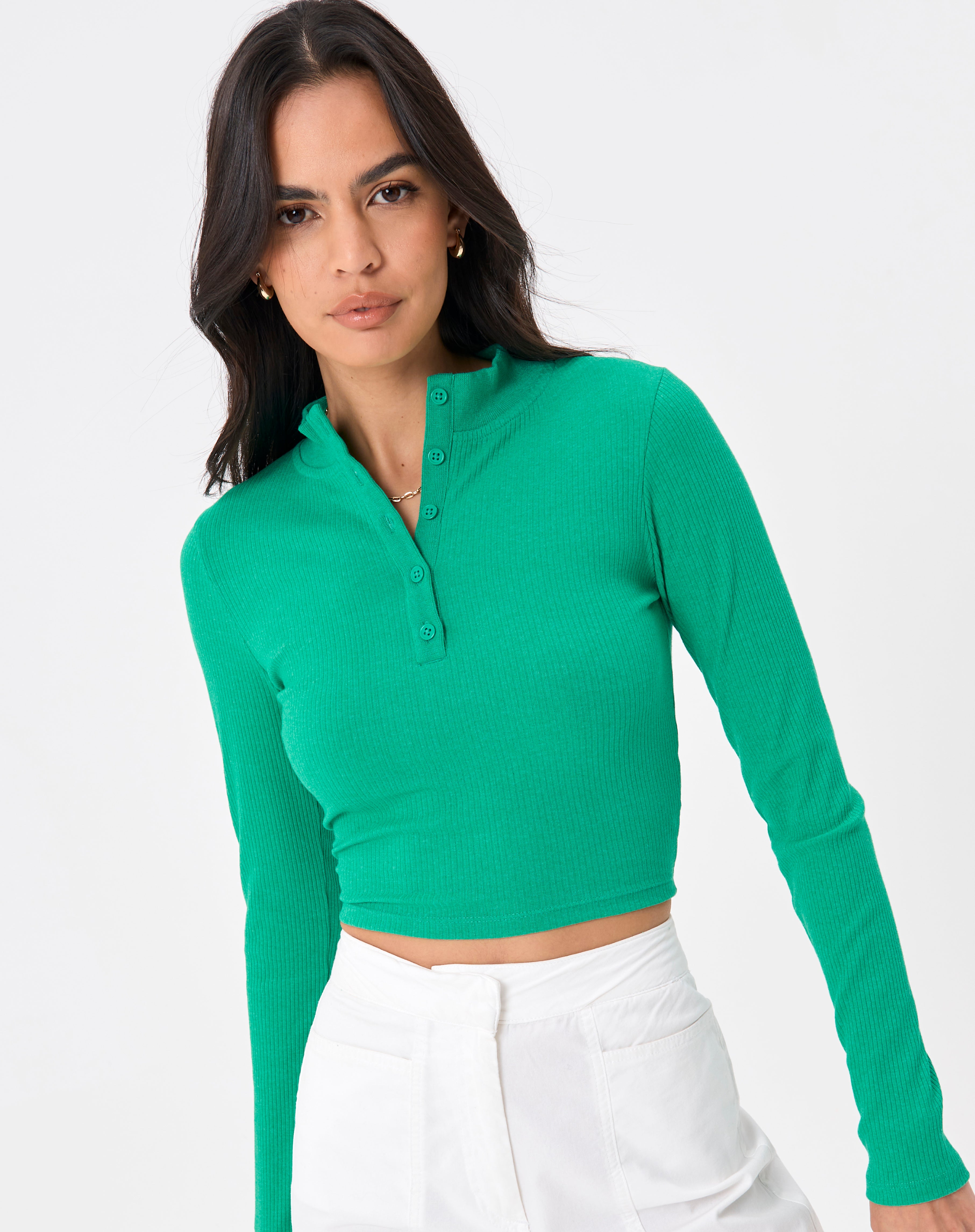 Recycled Button Front Long Sleeve Crop Top in Green | Glassons