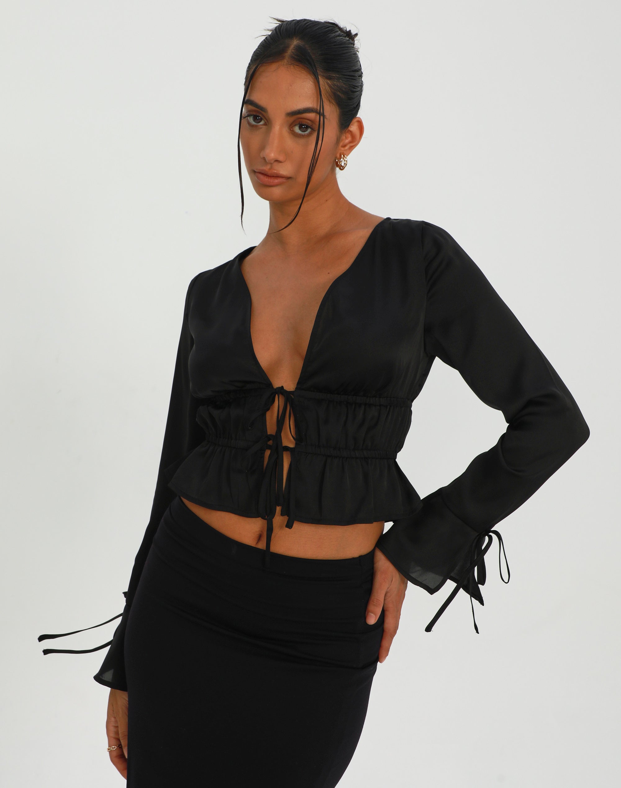 Recycled Split Tie Front Blouse in Black | Glassons