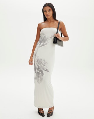 Strapless Print Mesh Maxi Dress in Jessamine Blooms