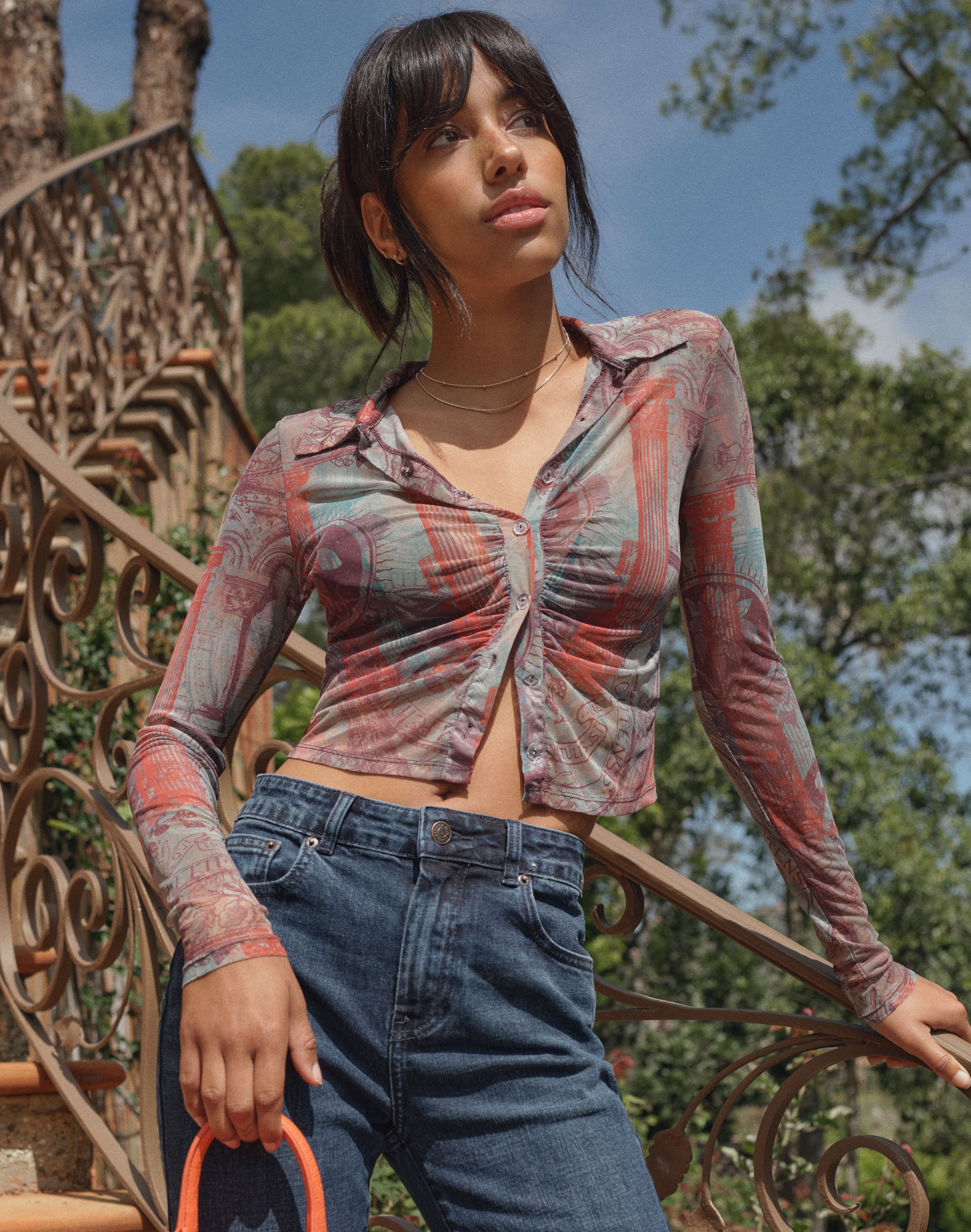 Recycled Print Mesh Long Sleeve Top in 