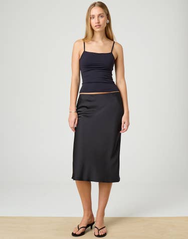 Satin Midi Skirt in Black Glassons