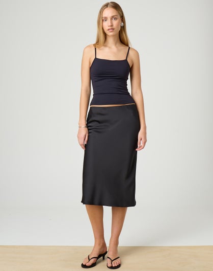 Satin Midi Skirt in Black Glassons
