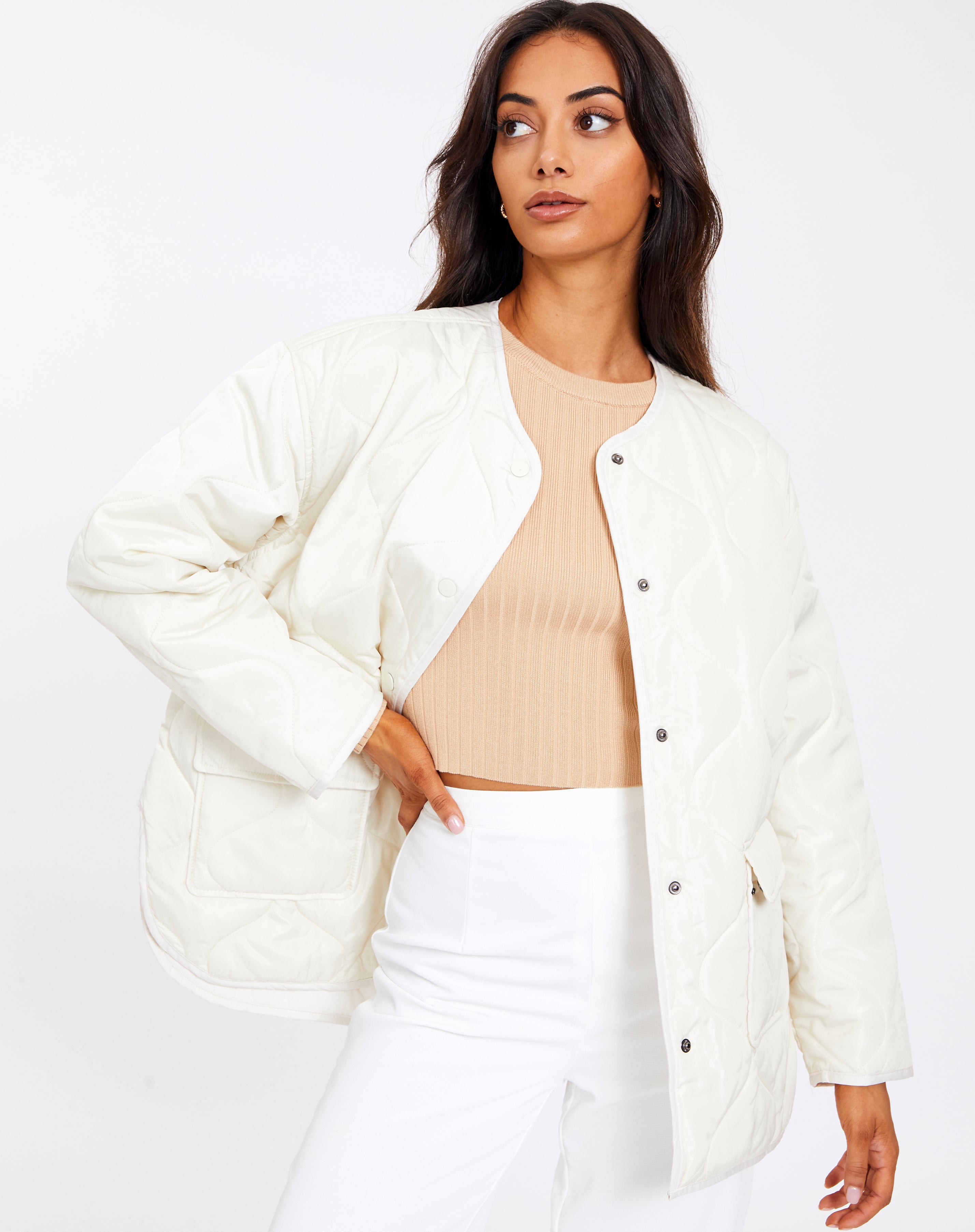 Recycled Quilted Puffer Jacket in Beige 