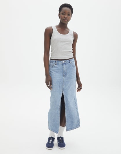 Recycled Front Split Denim Midi Skirt in Wash Mid | Glassons