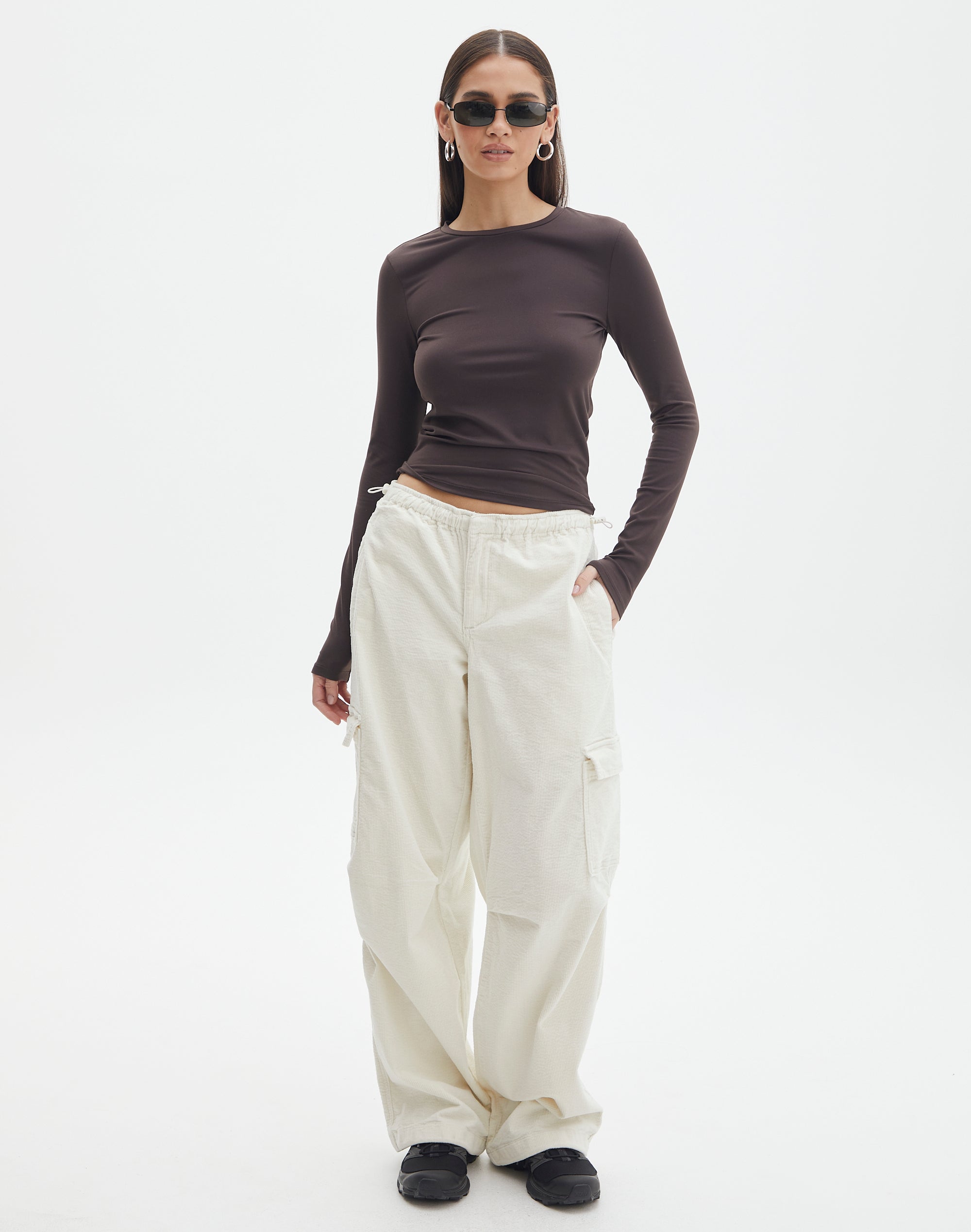 Recycled Mid Rise Cord Cargo Pant in White | Glassons