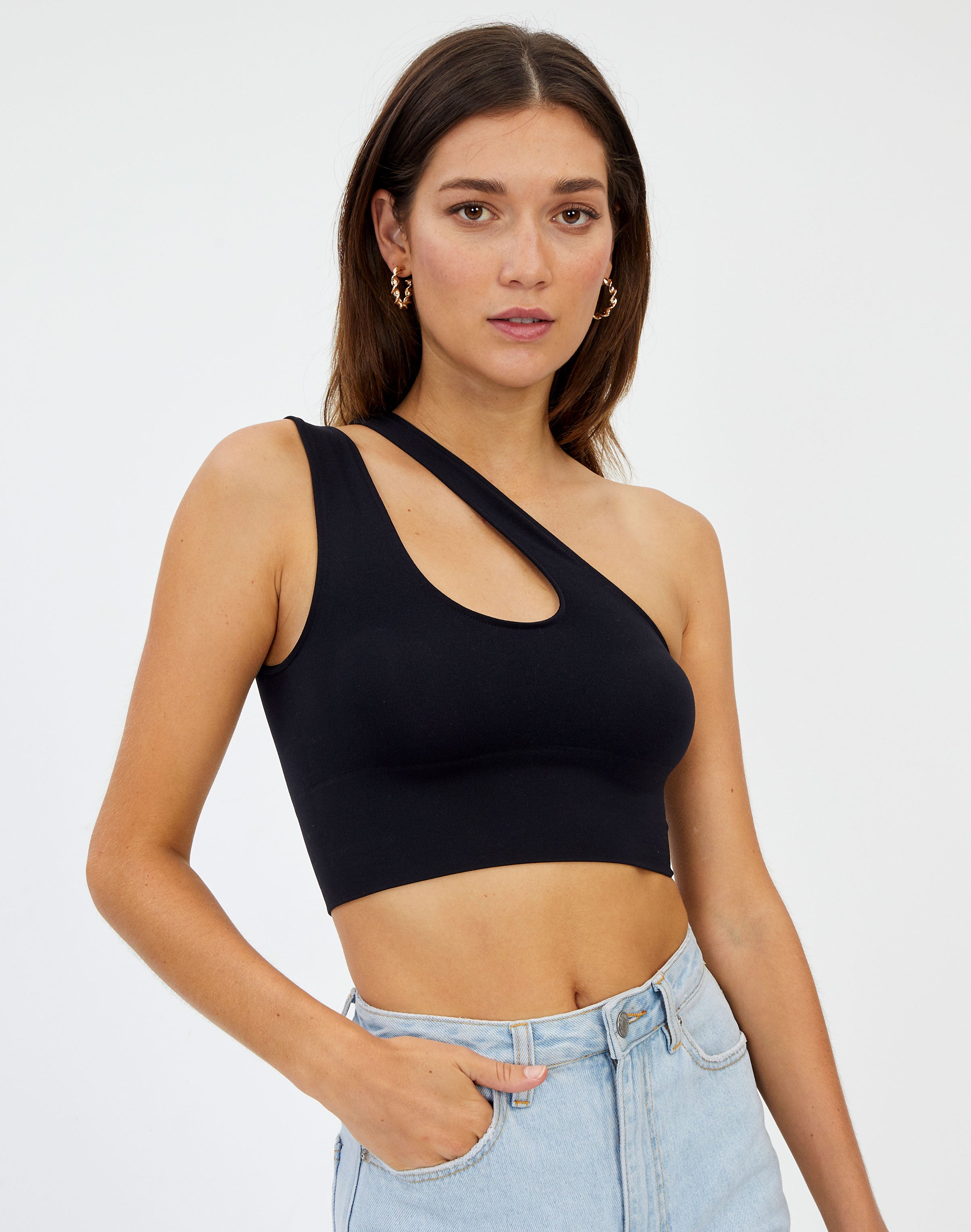 Recycled One Shoulder Double Seamless Top in Black Glassons
