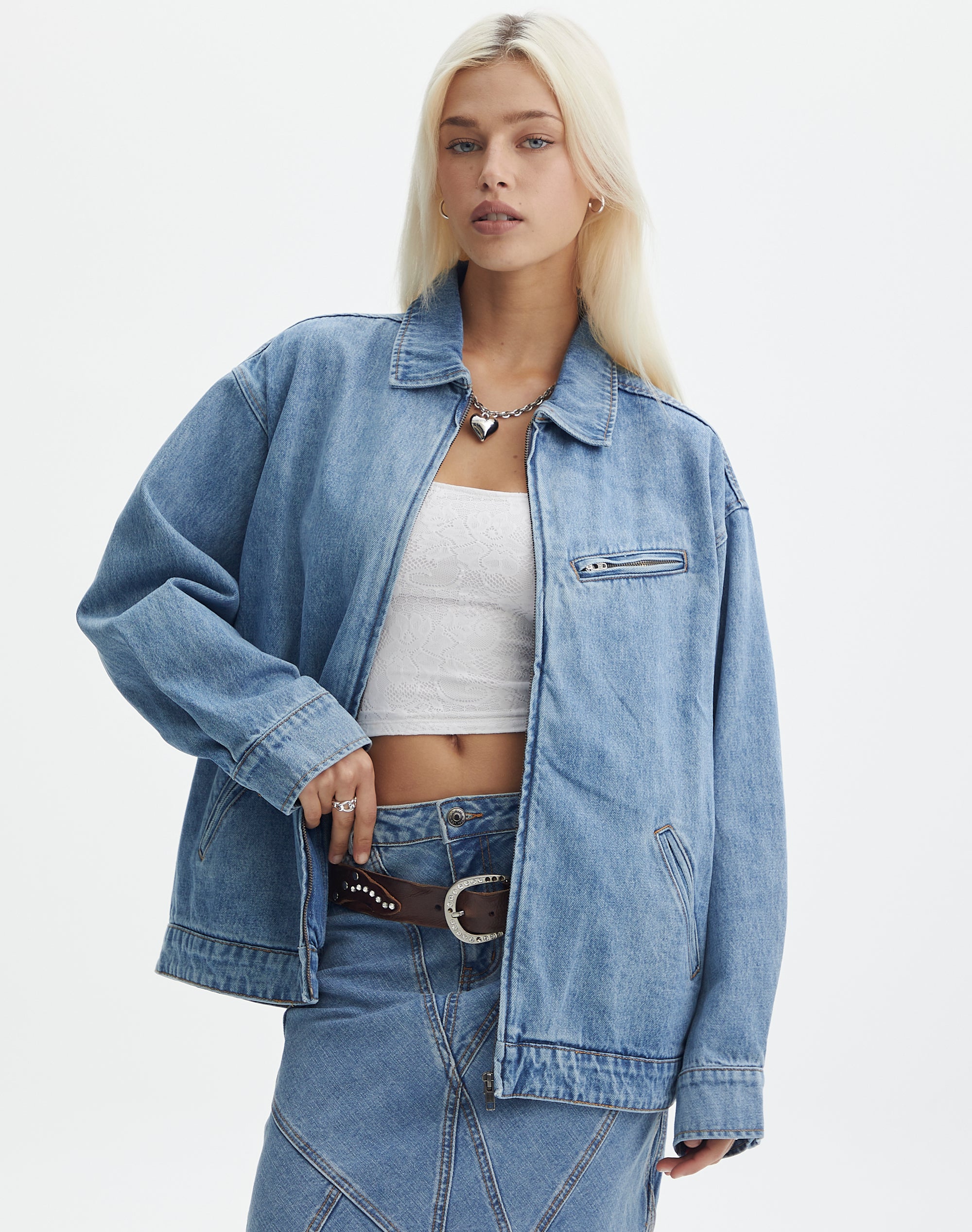Oversized Denim Zip Up Jacket in Wash Dark | Glassons