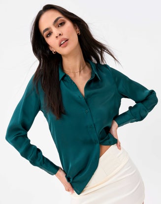Recycled Satin Long Sleeve Shirt in Green | Glassons