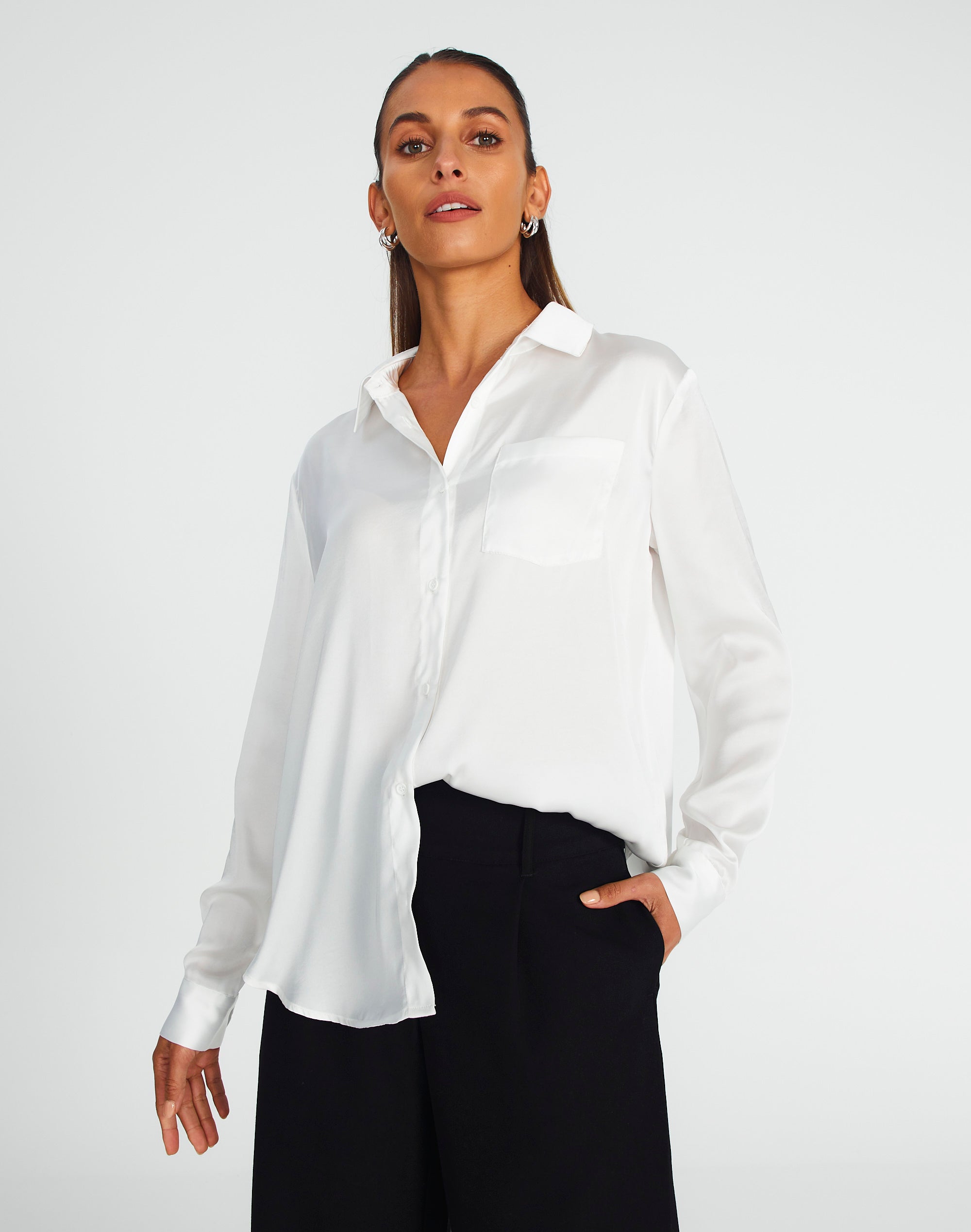 Recycled Tailored Satin Long Sleeve Shirt in White | Glassons