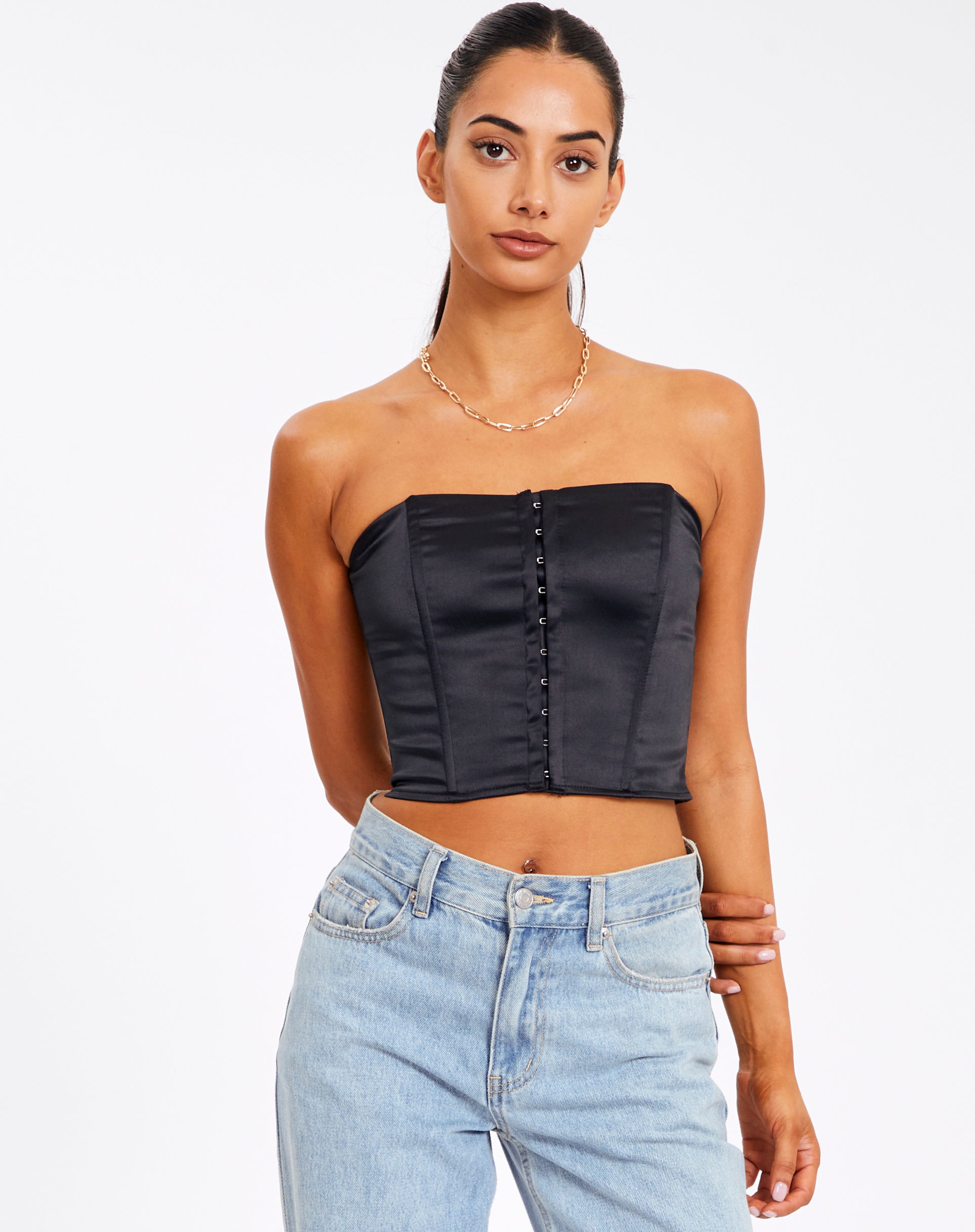 Satin Hook \u0026 Eye Tie Back Corset Top in 
