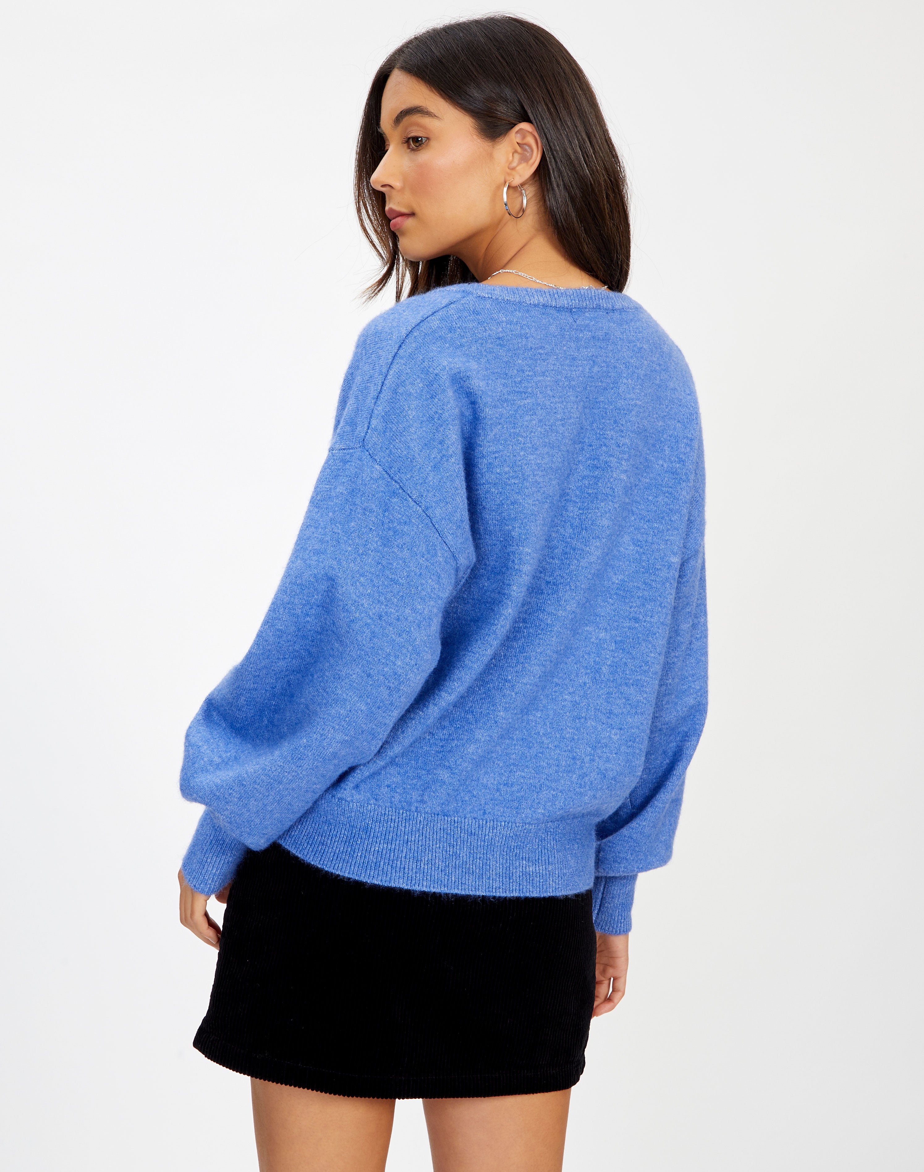 Recycled V Neck Knit Jumper in Blue 