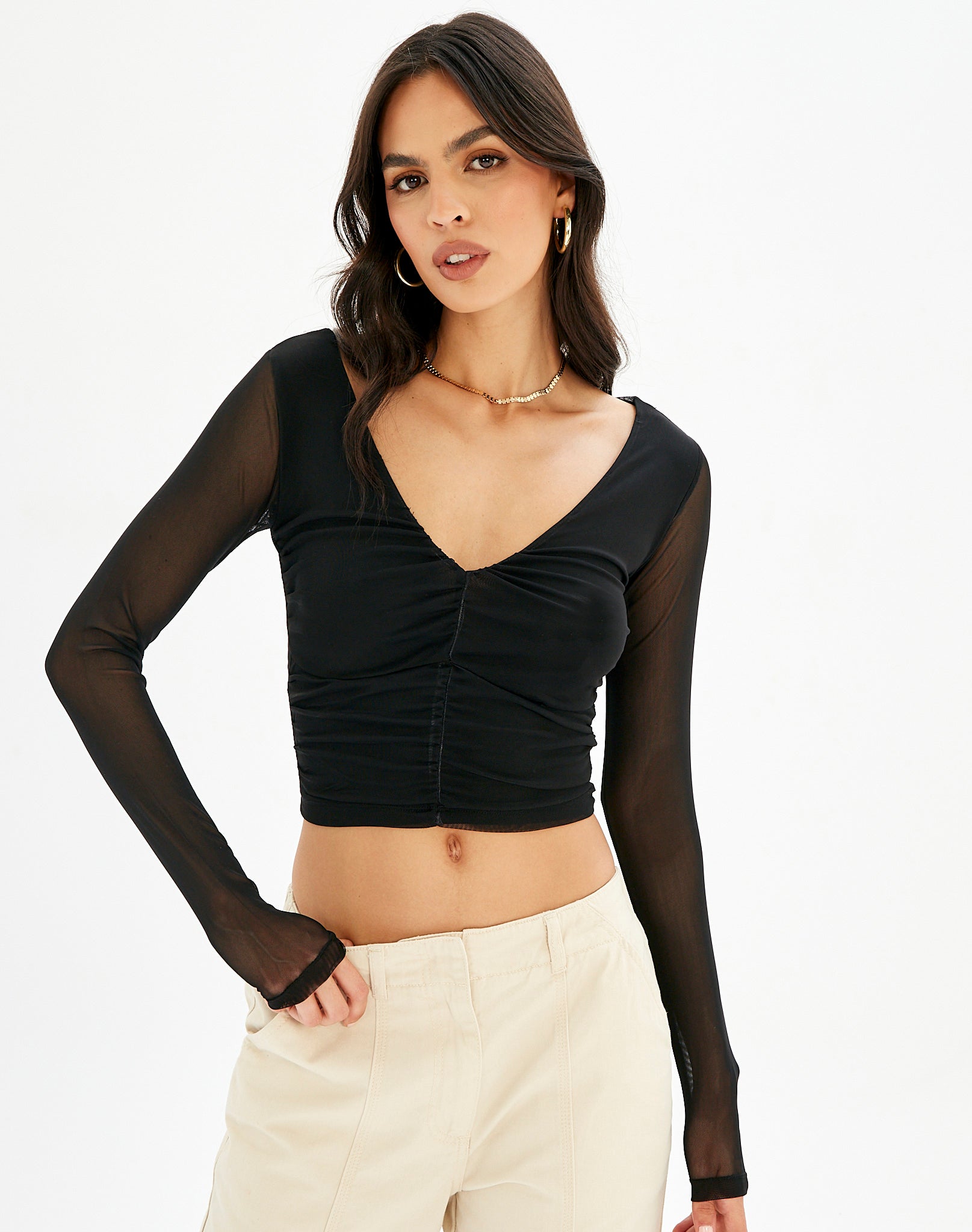 Mesh V Neck Long Sleeve Crop Top in Black | Glassons