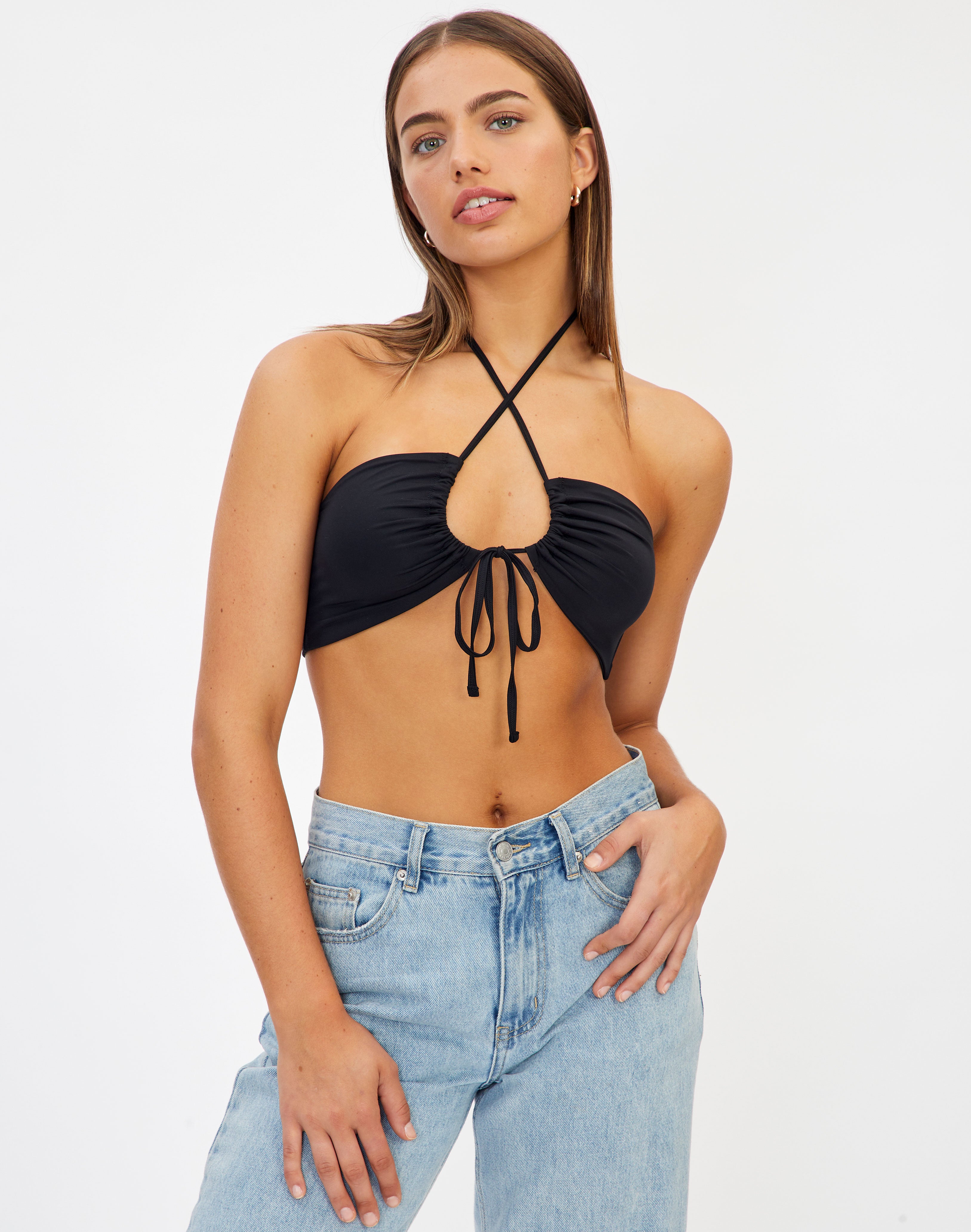 Ruched Tie Front Halter Neck Crop Top 
