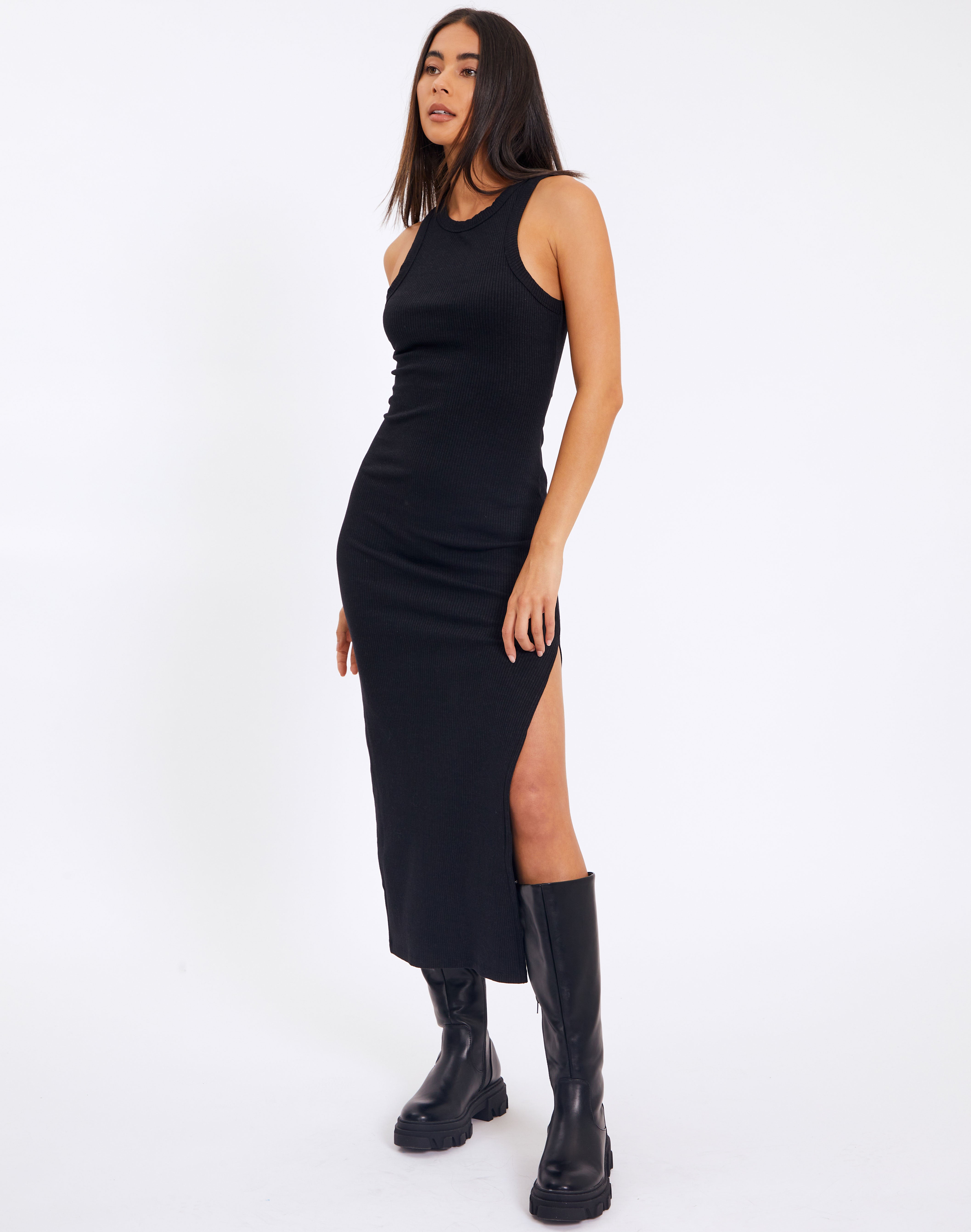 Side Split Ribbed Midi Dress in Black 