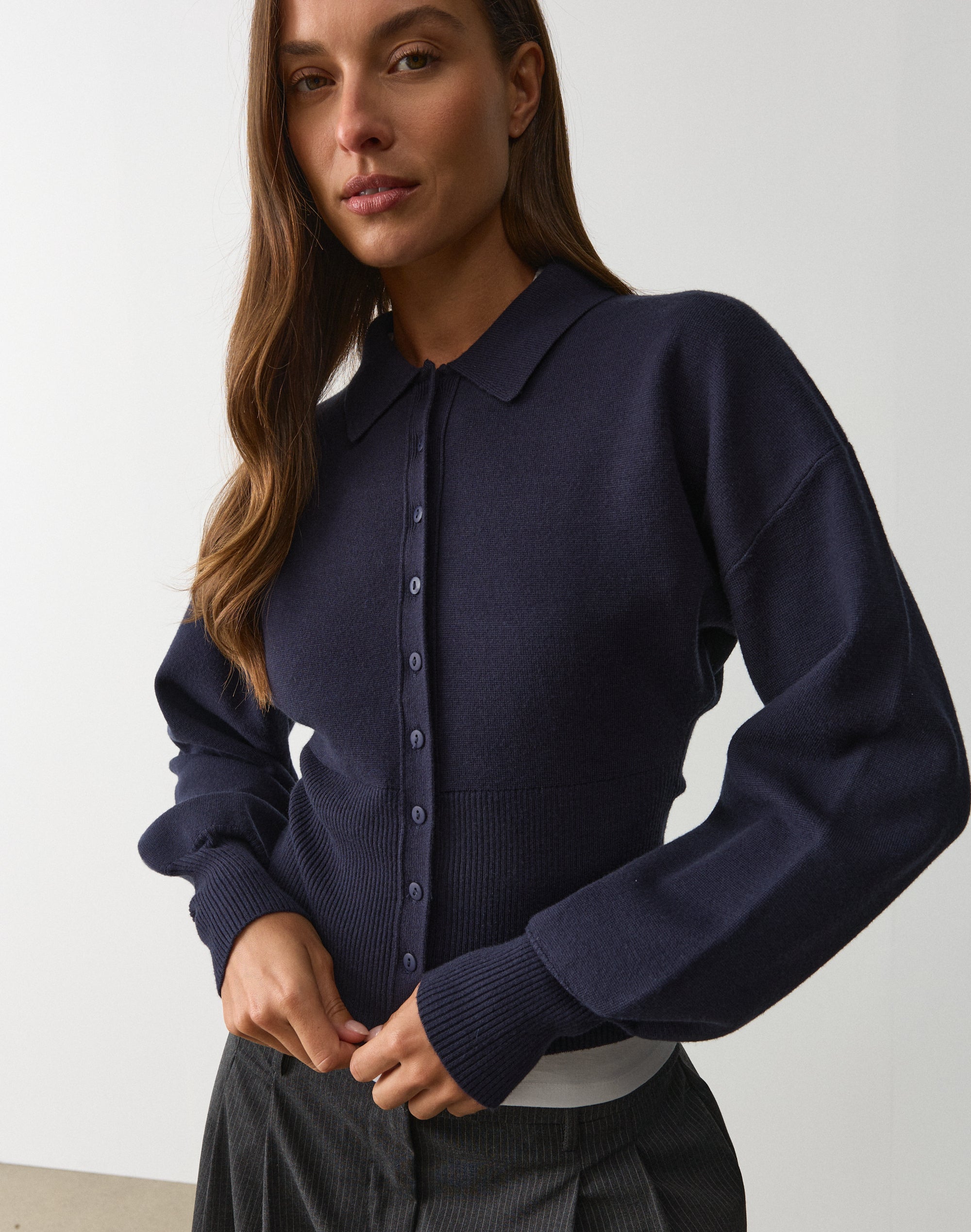 Cinched Collared Cardigan in Navy Night Sky | Glassons US