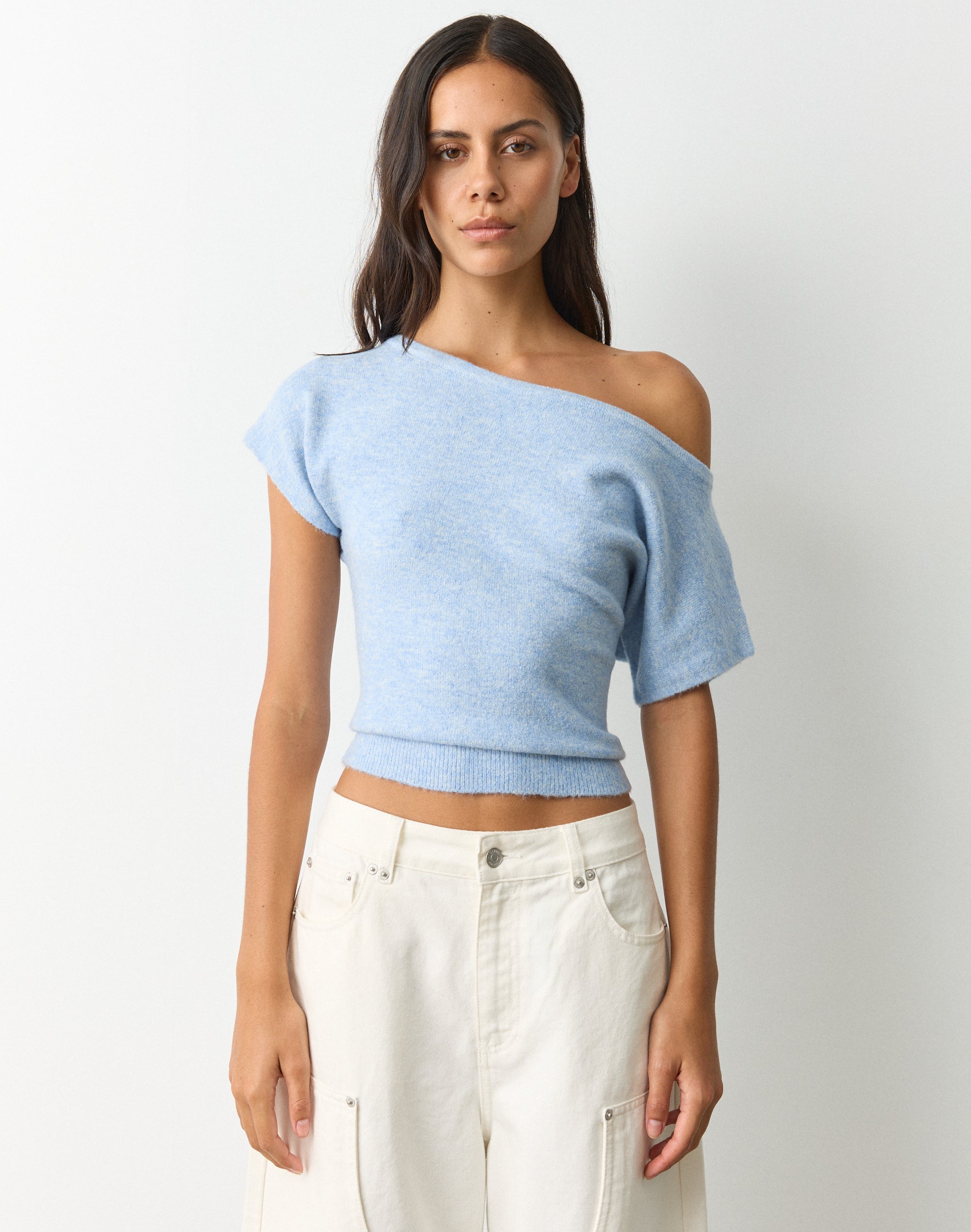 Cosy Off Shoulder Knit Top in Pale Grey Marle | Glassons US