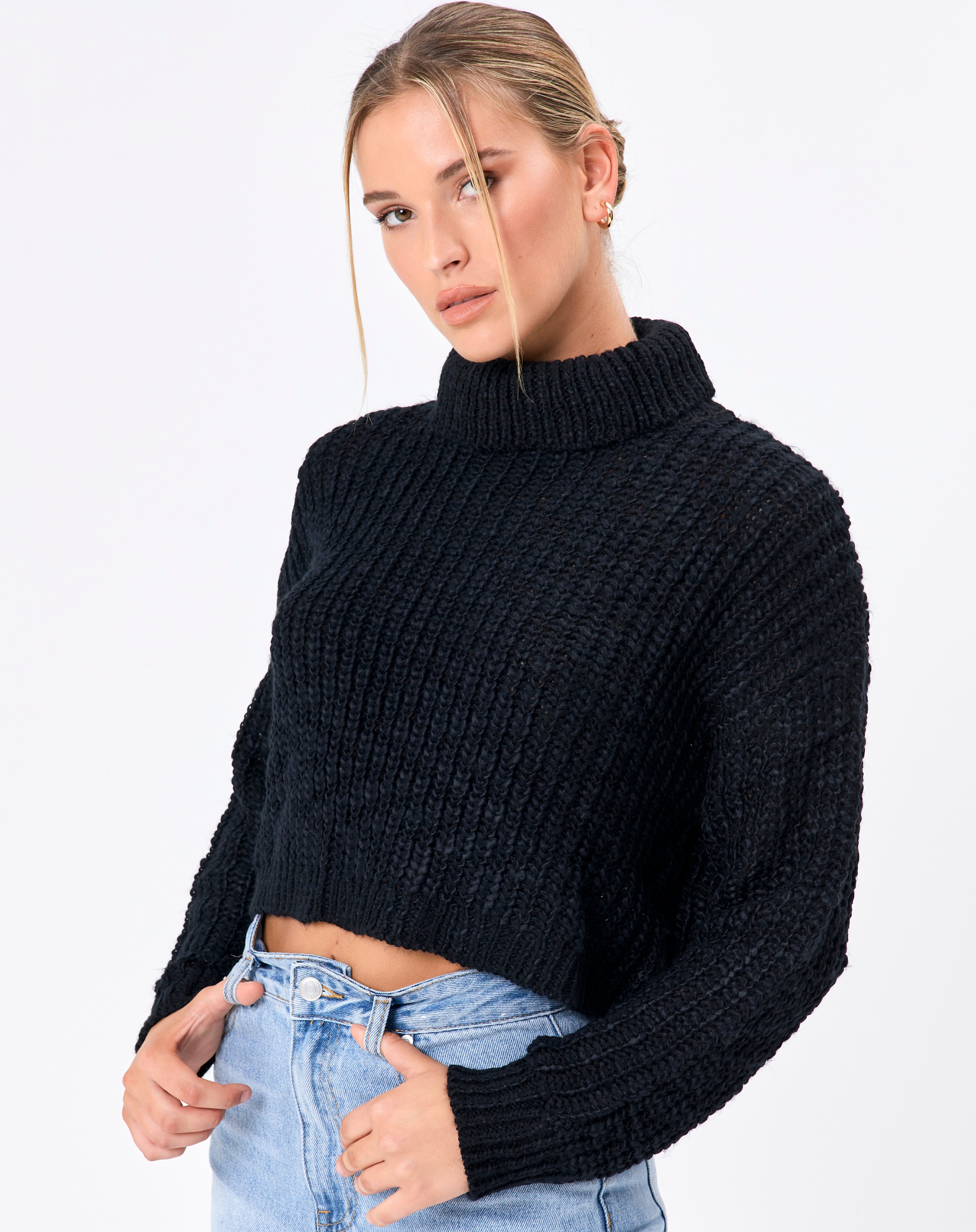 Roll Neck Cropped Knit Jumper in Black 