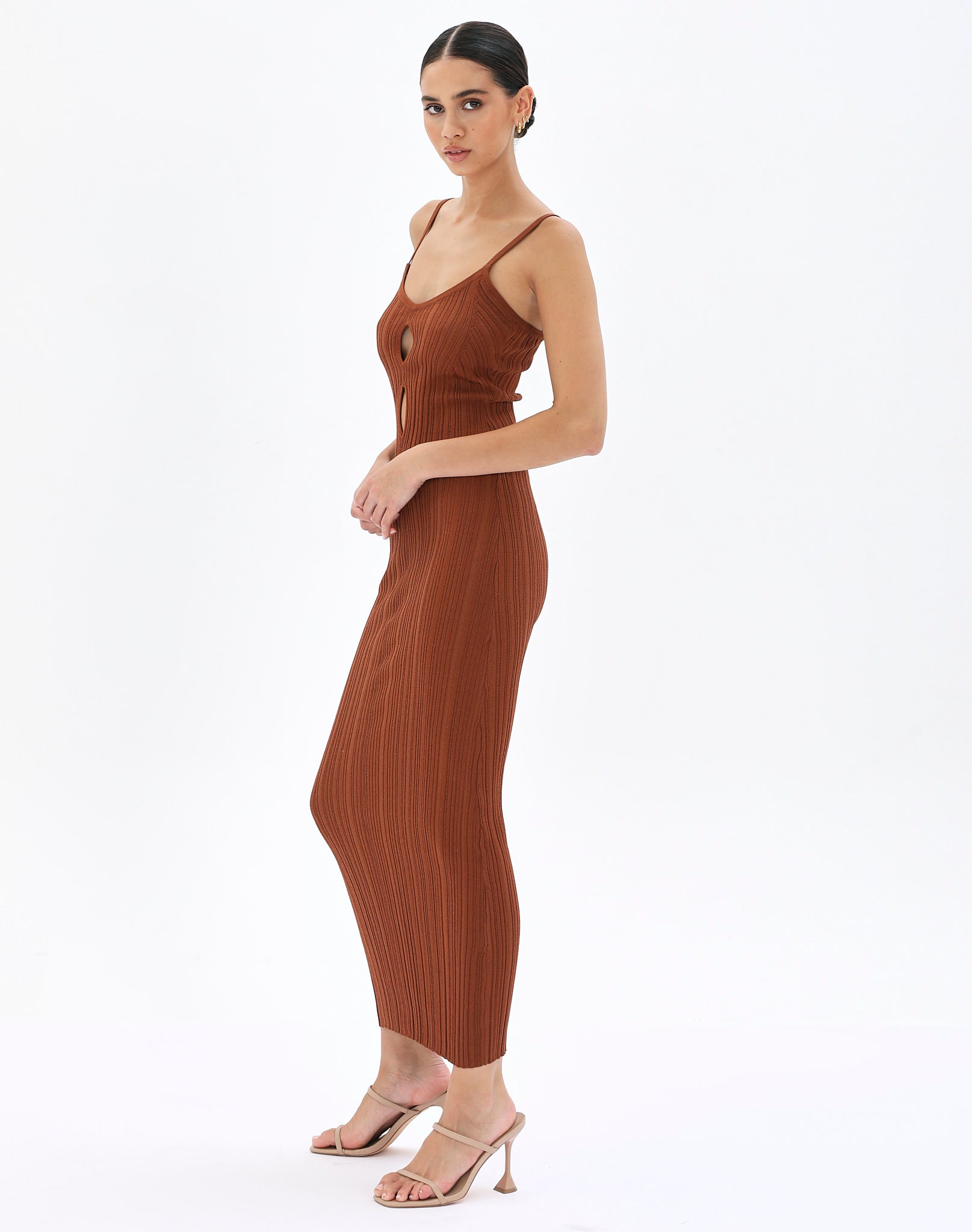Cut Out Ribbed Knit Maxi Dress in Brown  Glassons