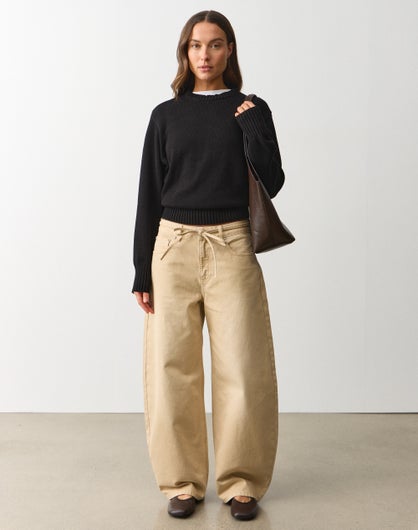 Low Rise Tie Front Barrel Leg Jean