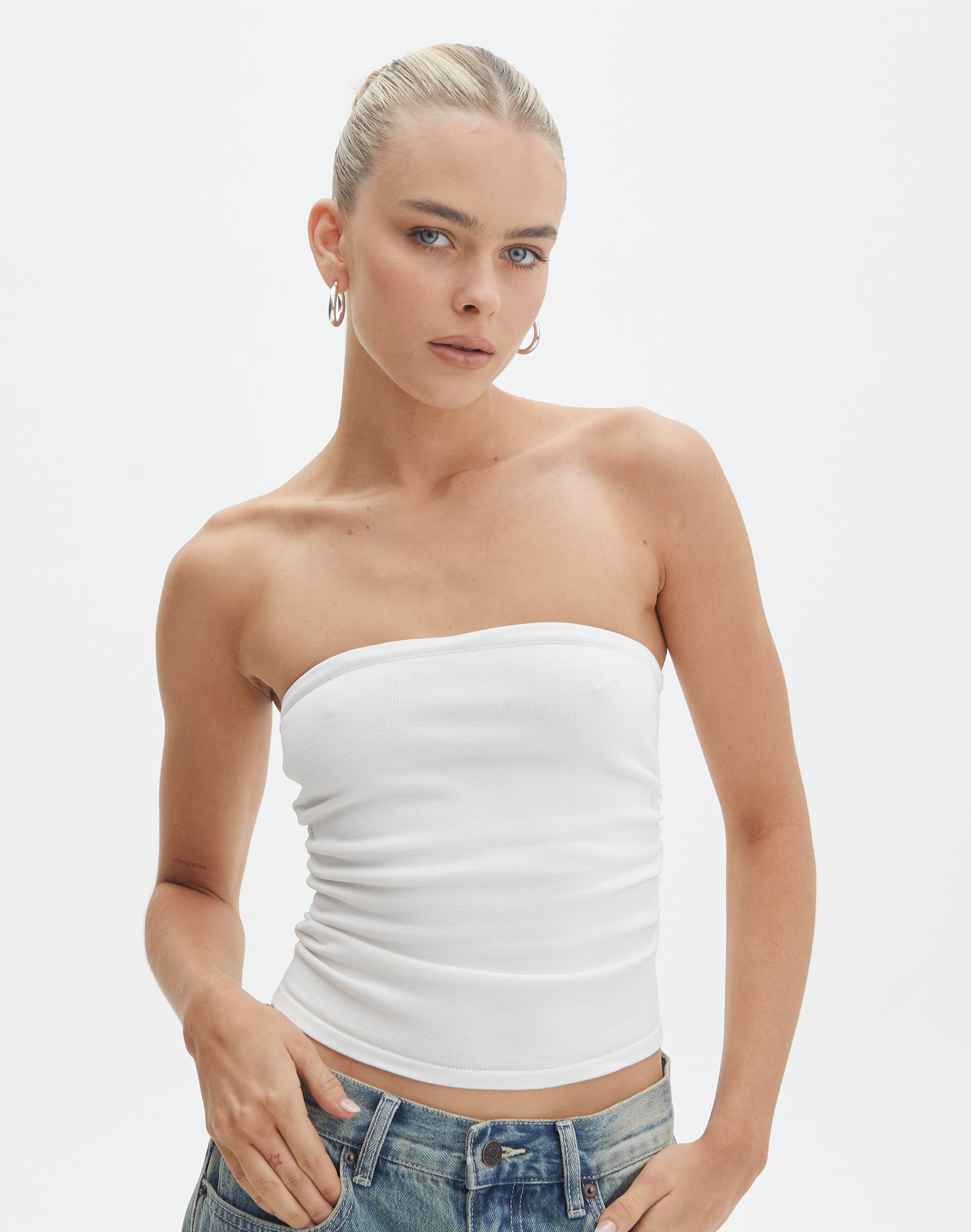 Strapless Ruched Knit Bandeau in Milk
