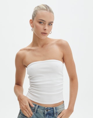 Strapless Ruched Knit Bandeau in Blue Jeans