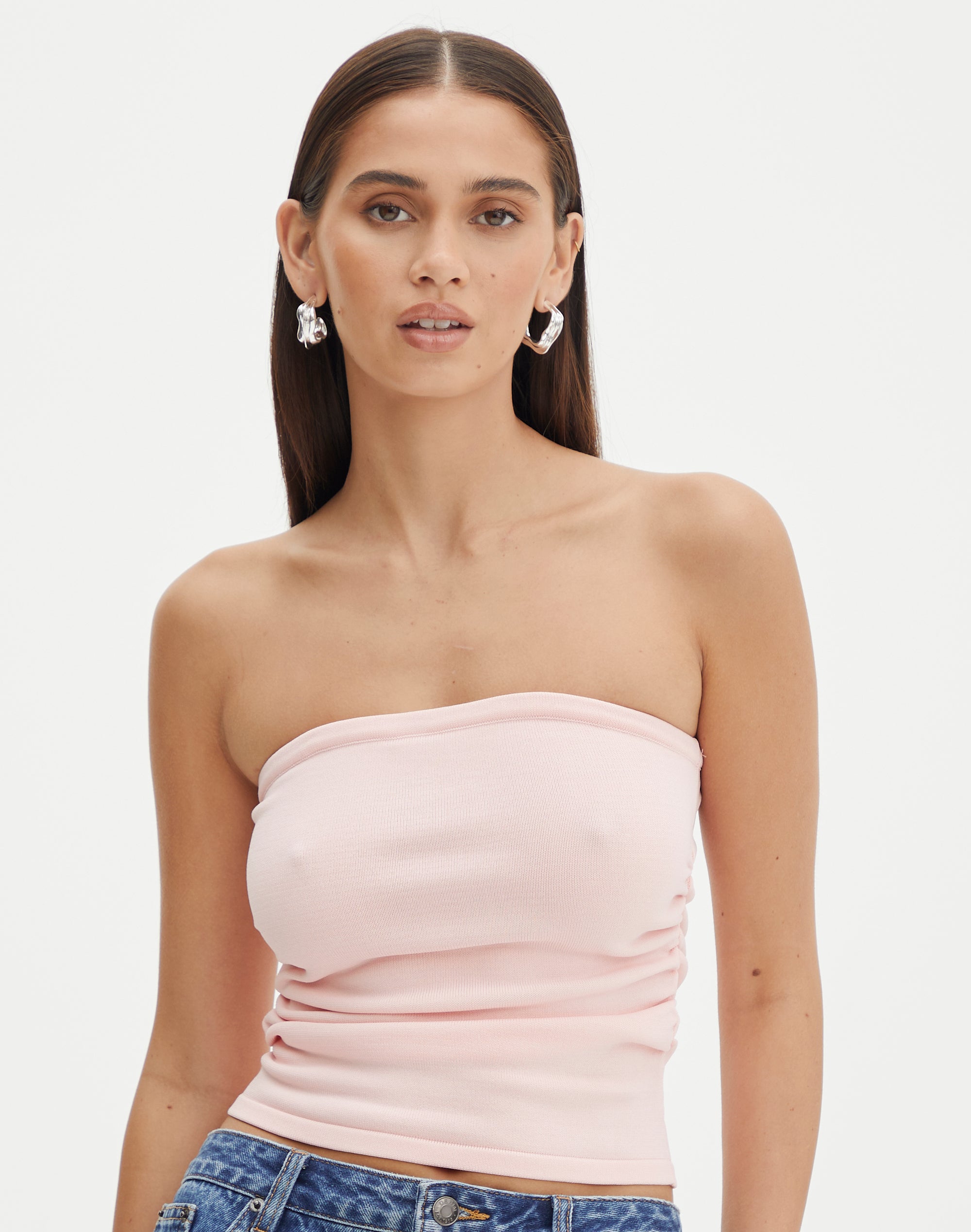 Strapless Ruched Knit Bandeau in Better Be Butter