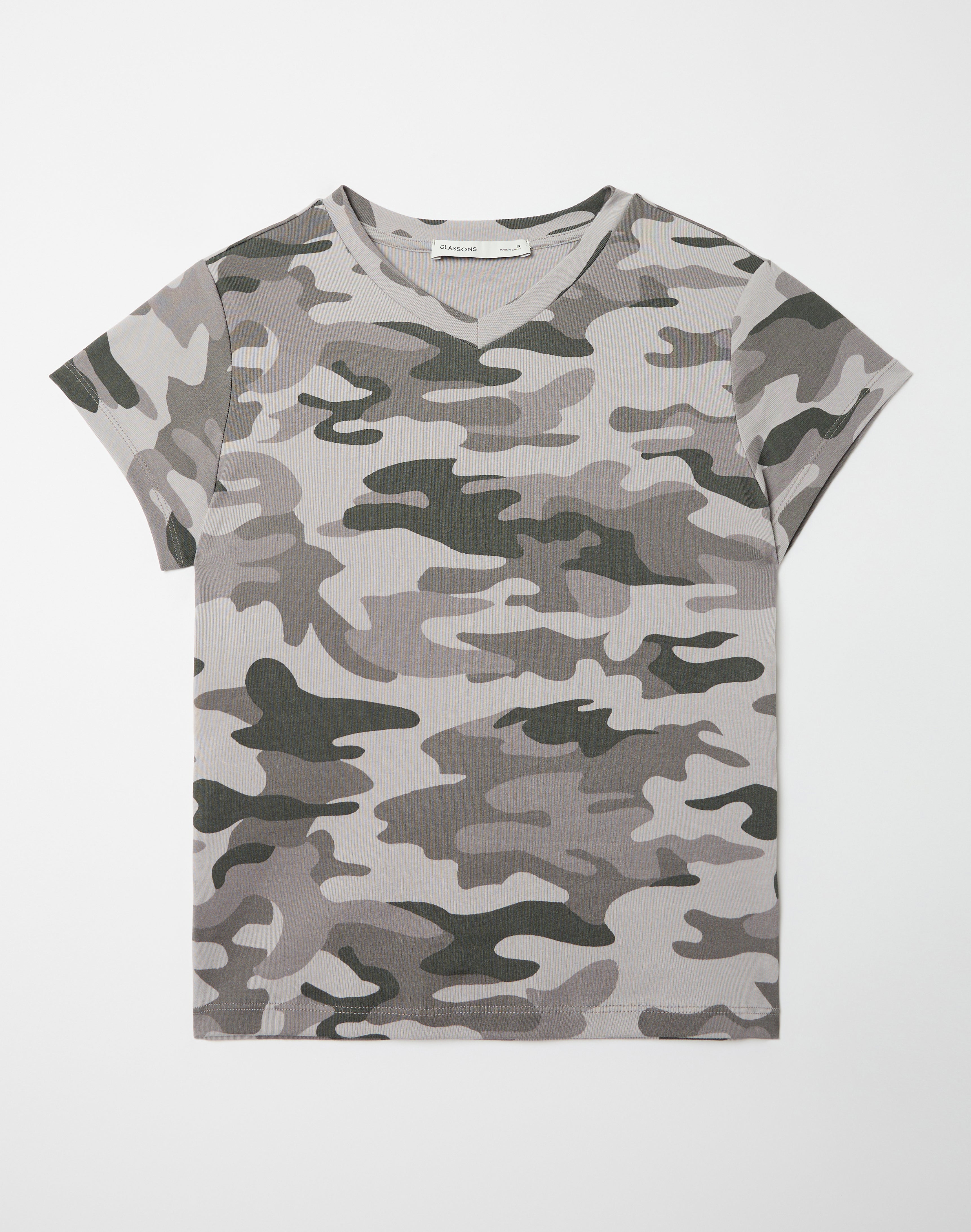 Cotton V Neck Tee in Camo Digi Grey | Glassons US