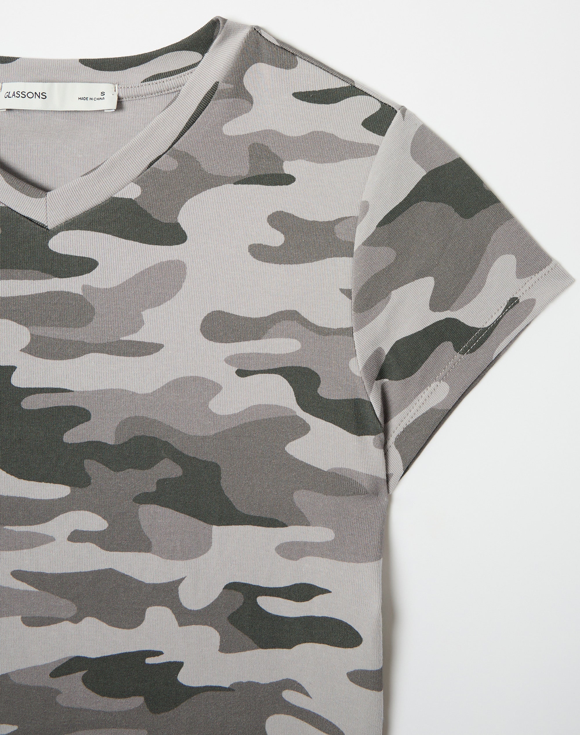 Cotton V Neck Tee in Camo Digi Grey | Glassons US