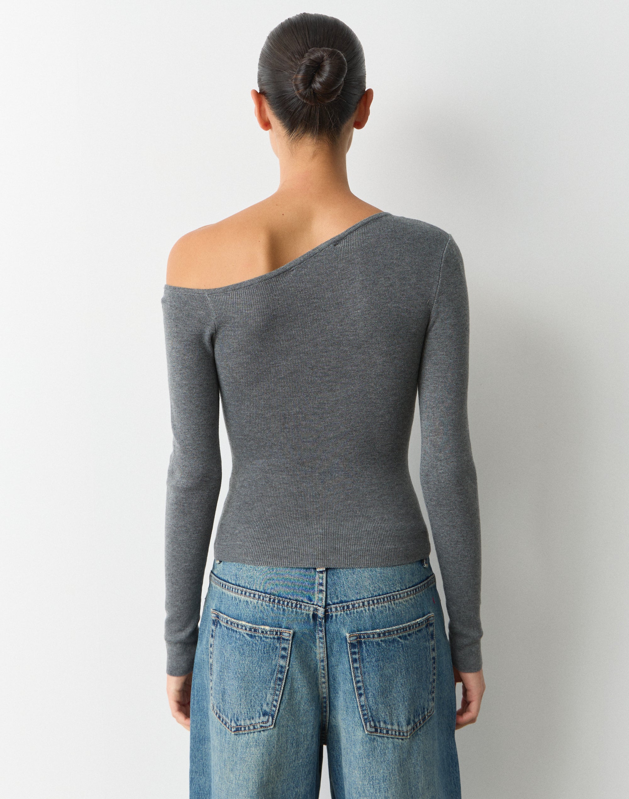 Fitted Off Shoulder Knit Long Sleeve in Dark Grey Marle | Glassons