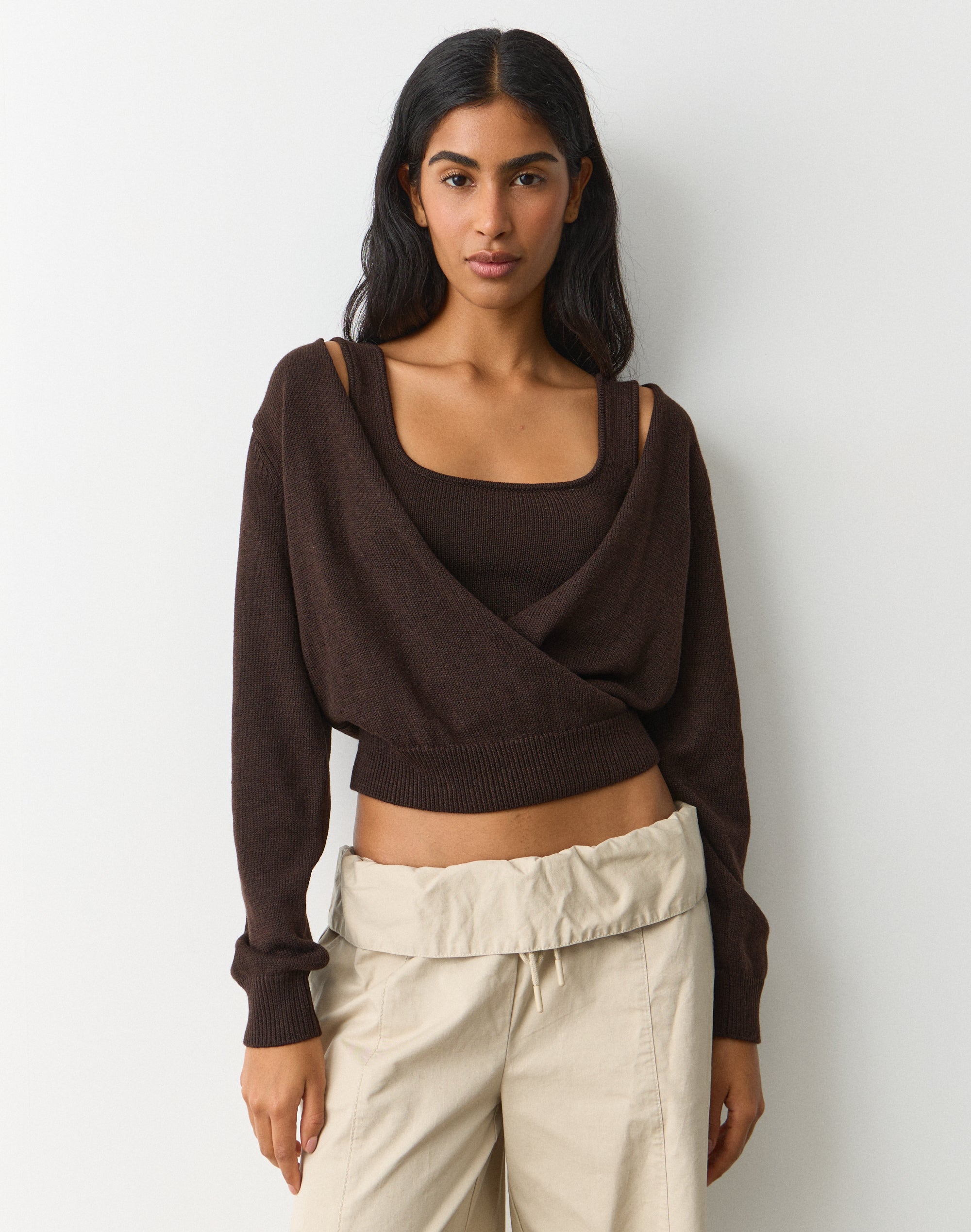 Layered Wrap Long Sleeve Knit in Fudge Fantasy | Glassons