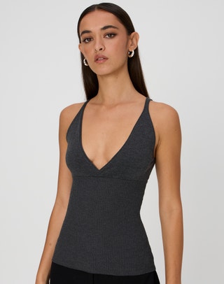 Tie Front Knit Halter in Grey Plated