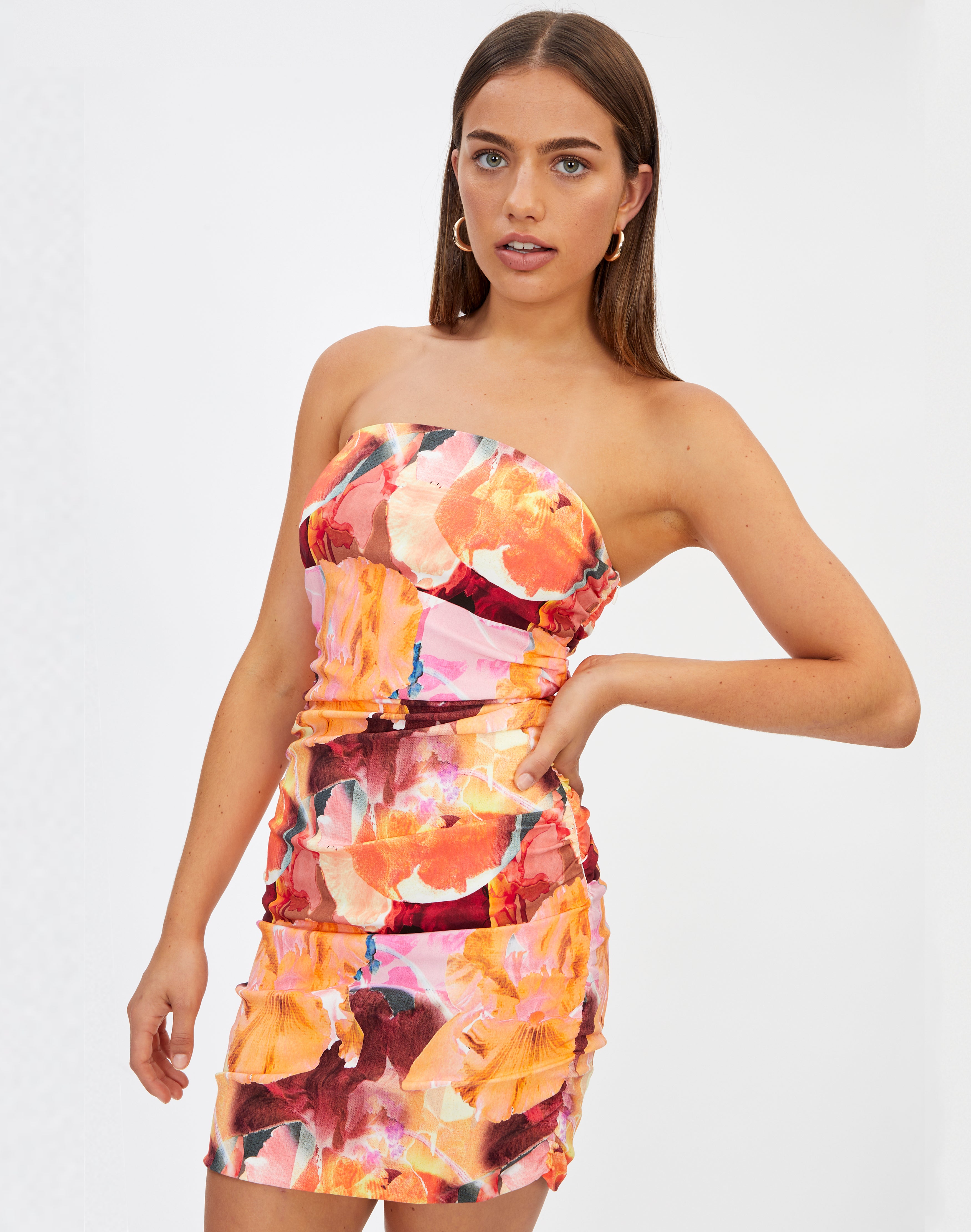 Print Ruched Strapless Mini Dress in ...
