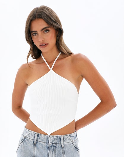 Ribbed Halter Crop Top in White | Glassons
