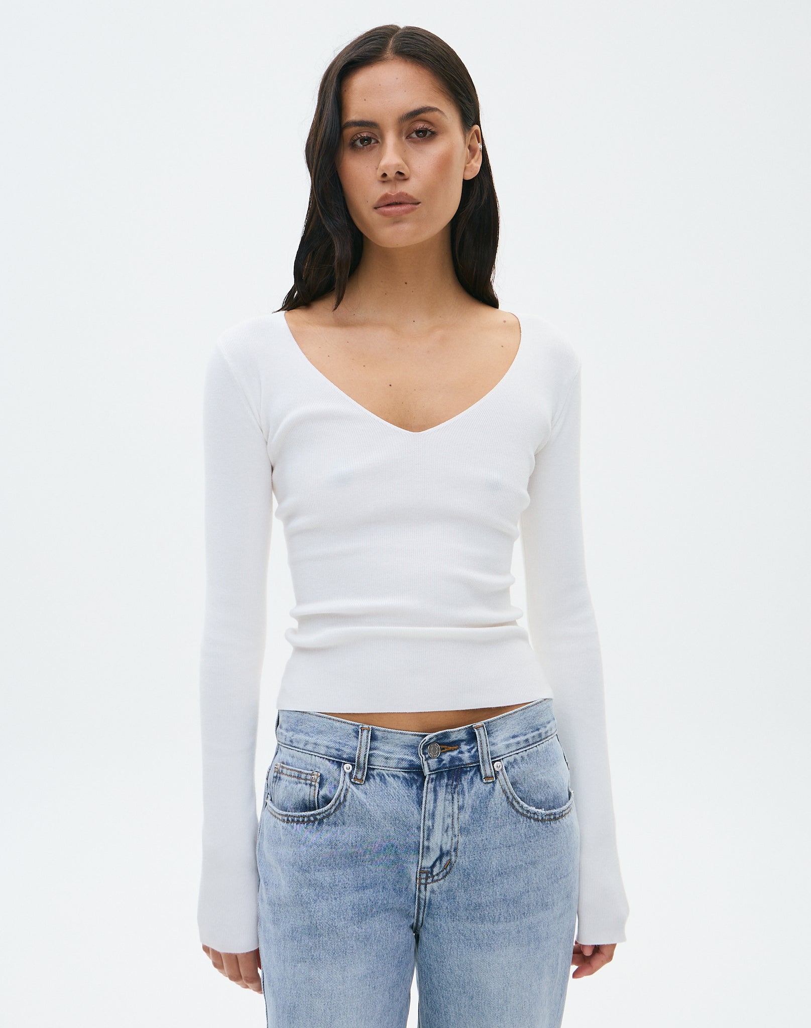 Ribbed Knit Longsleeve V Neck Top in Fudge Fantasy | Glassons US