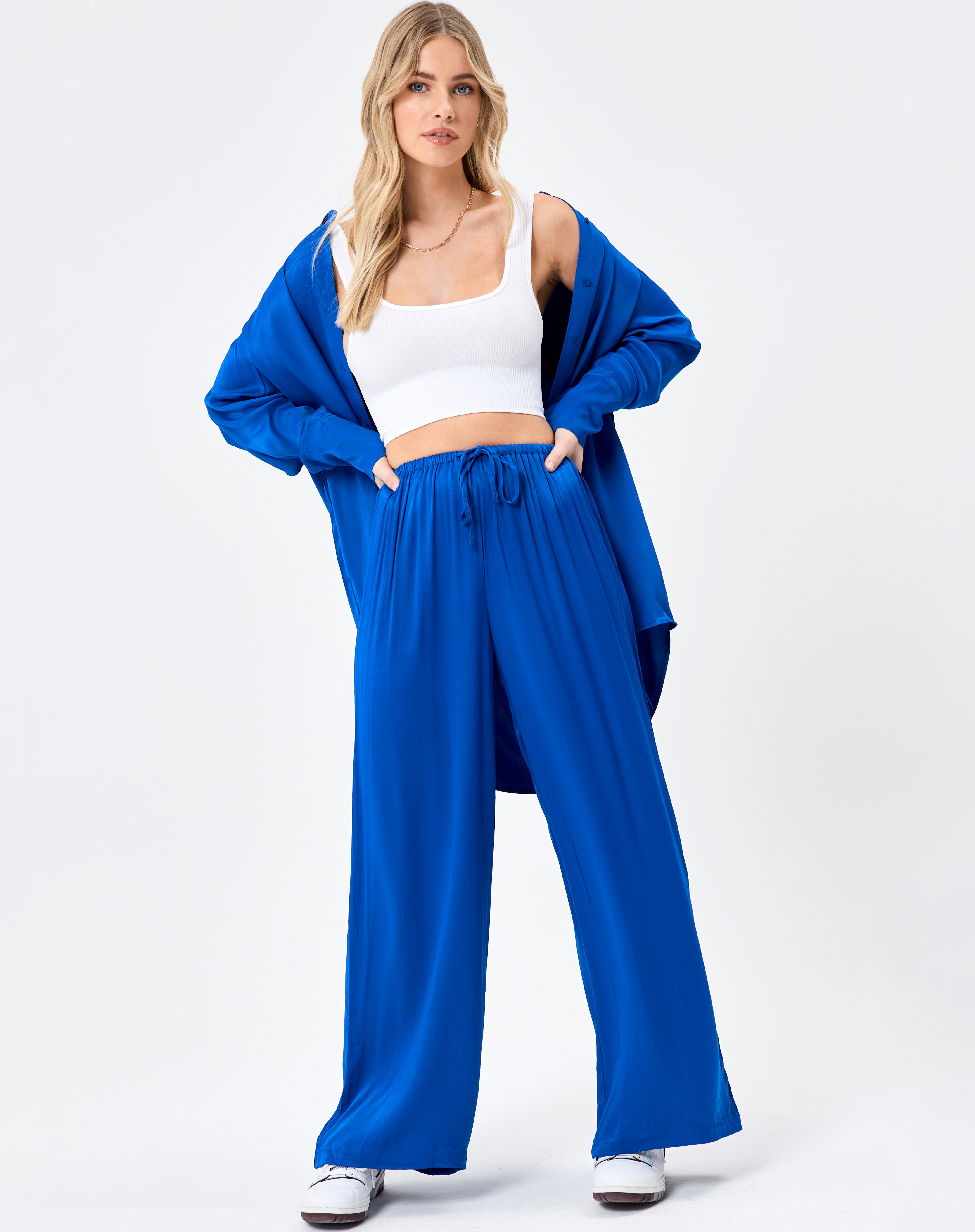 Satin Wide Leg Pant in Blue | Glassons