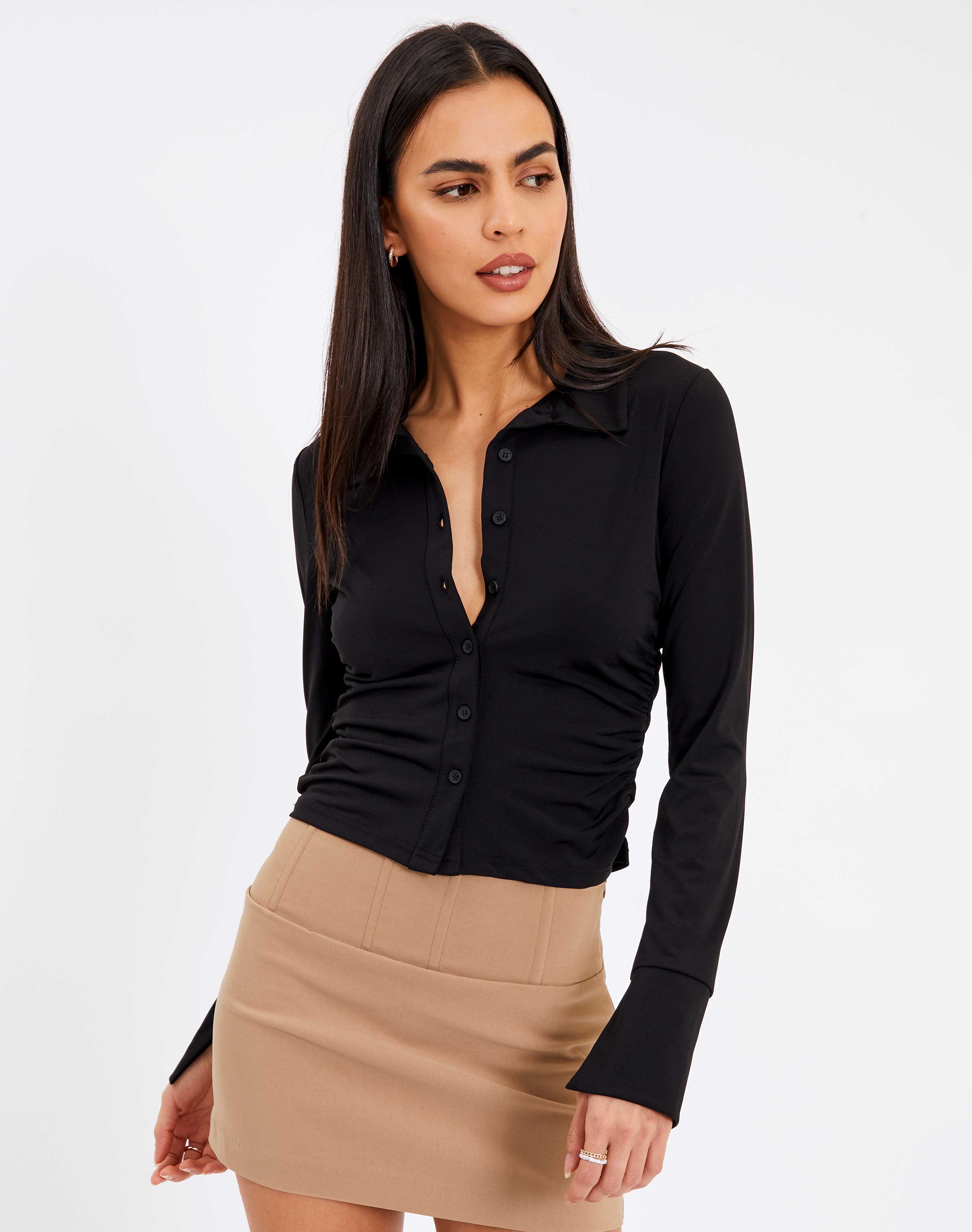 Ruched Side Split Long Sleeve Blouse in 