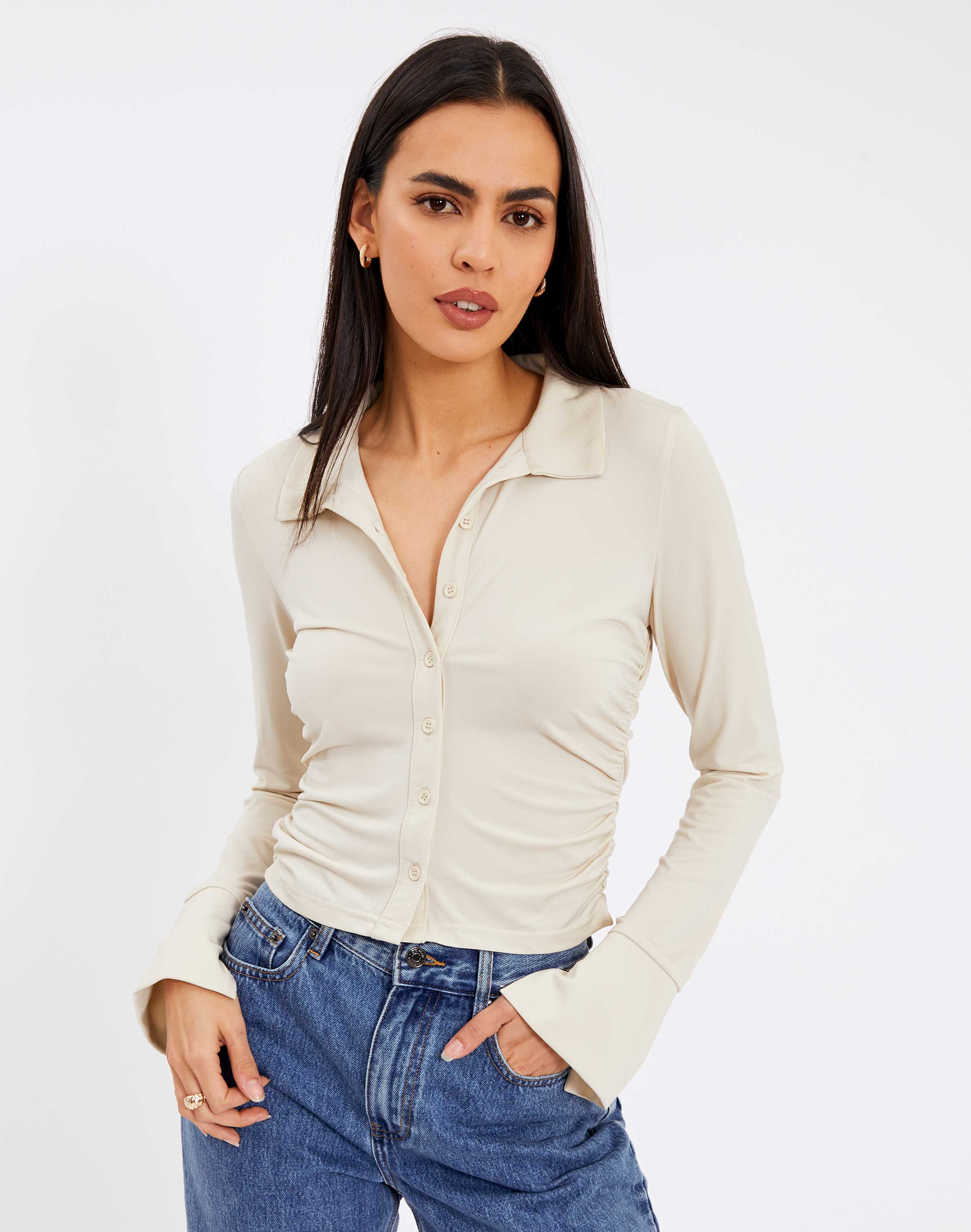 Ruched Side Split Long Sleeve Blouse in 