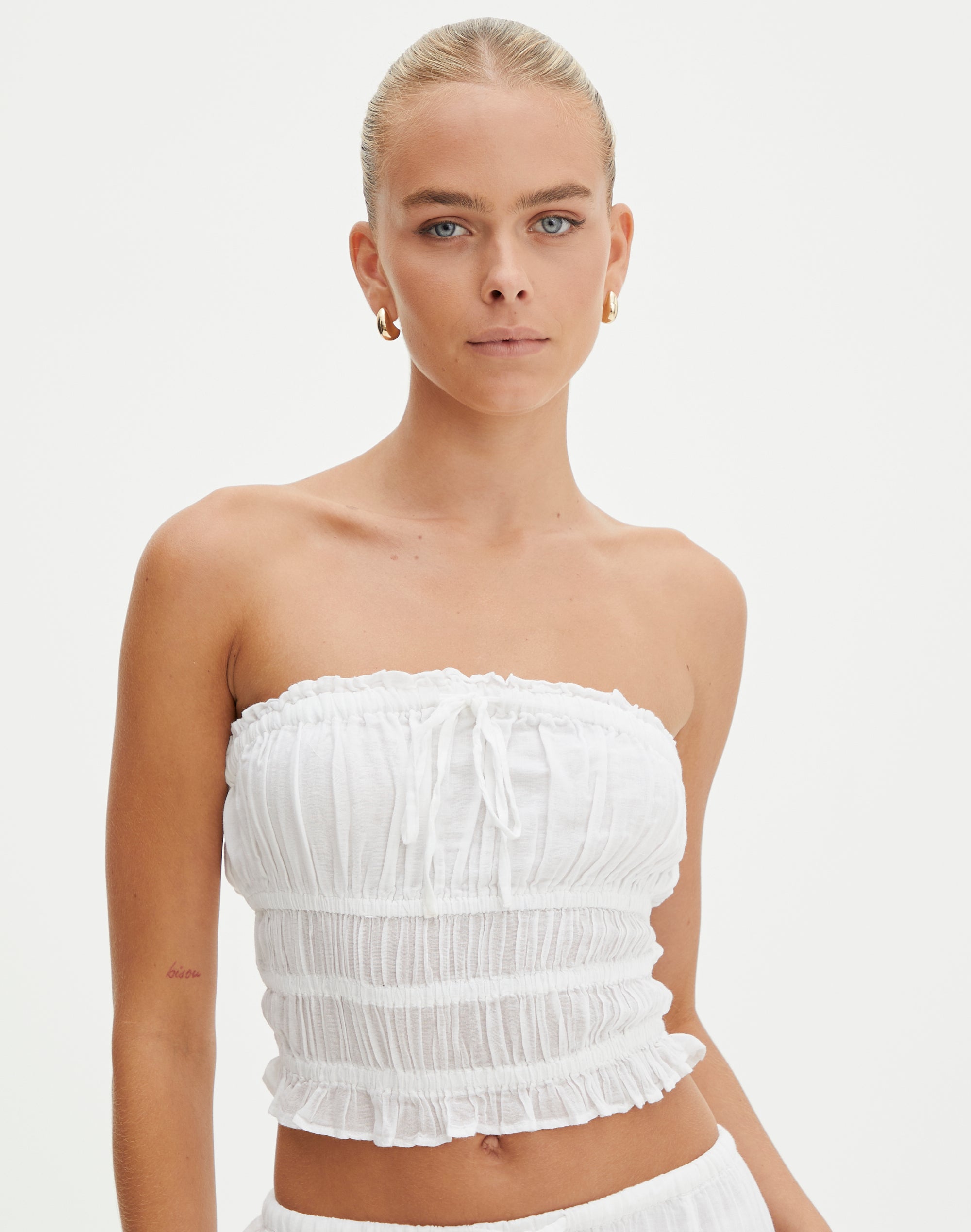 Shirred Tie Front Strapless Top in White