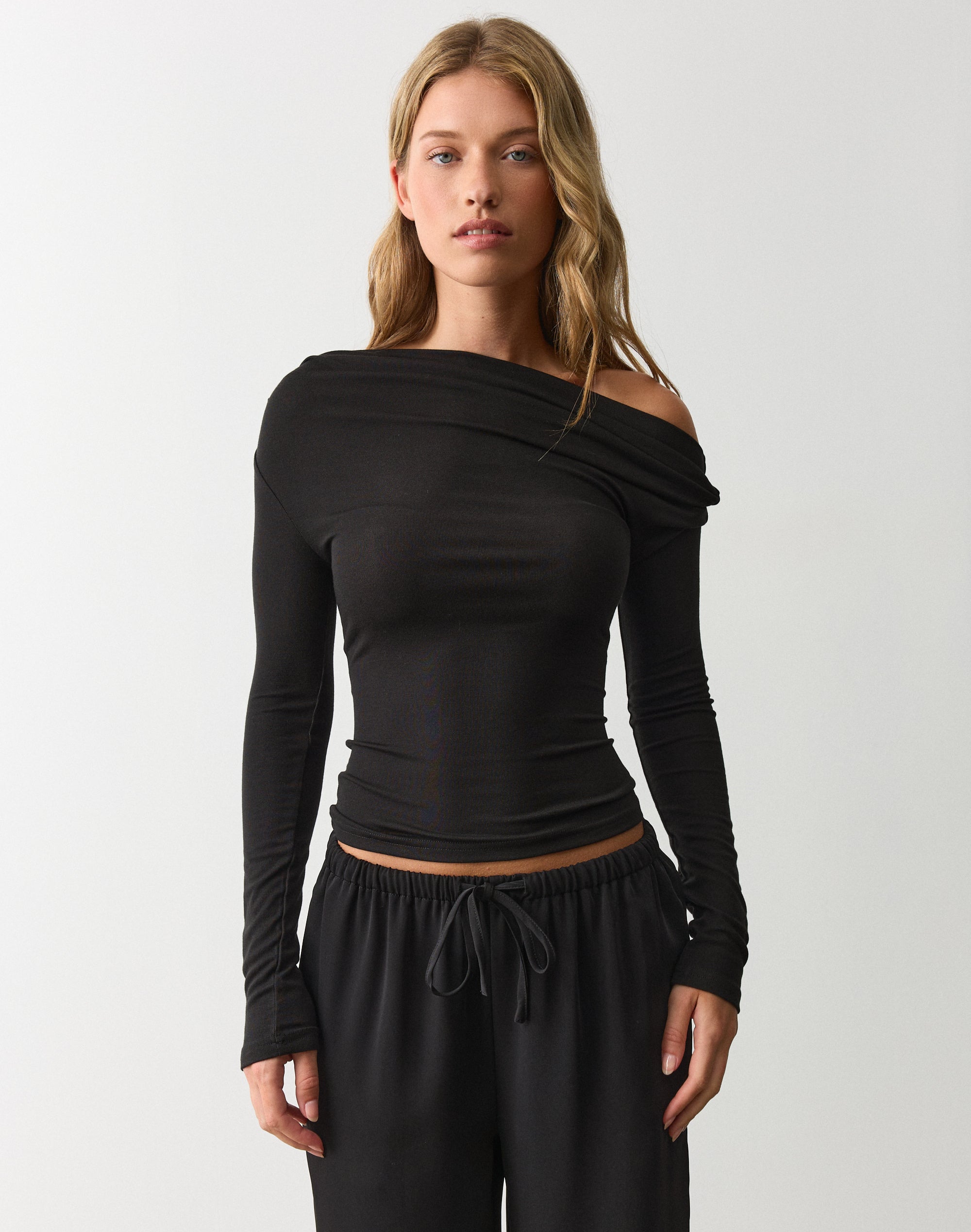 Asymmetrical Long Sleeve Knit Top in Black | Glassons US