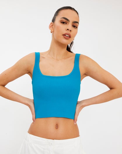 Rib Knit Square Neck Crop Top in Blue | Glassons