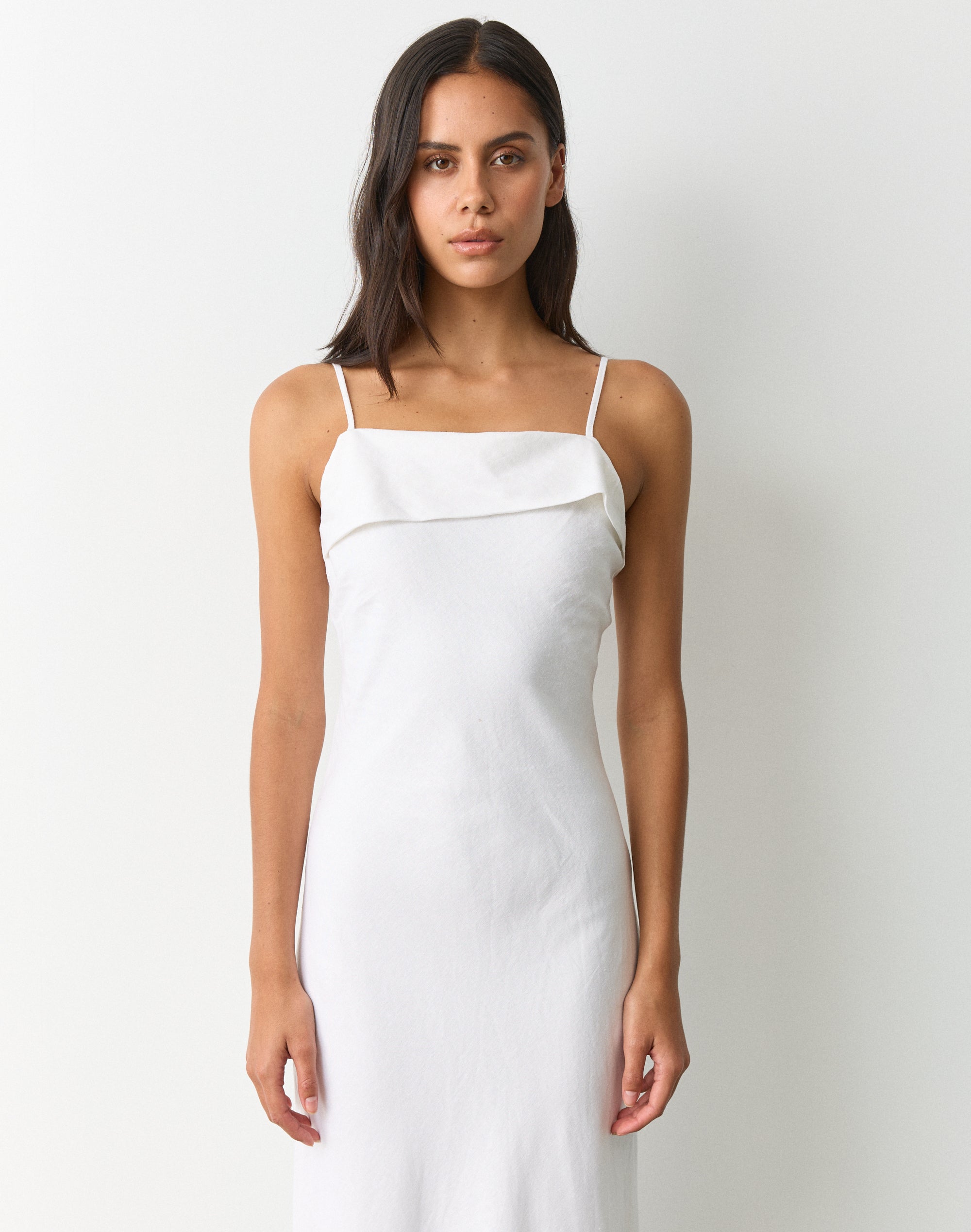 Linen Blend Foldover Maxi Dress in White | Glassons