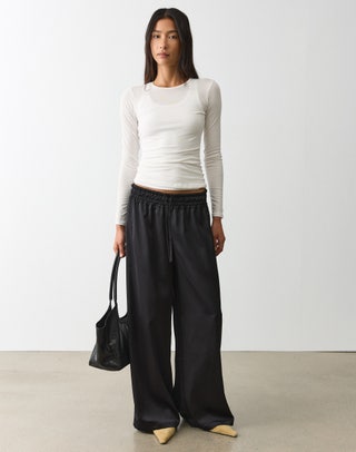Tie Waist Wide Leg Satin Pant in Black | Glassons US