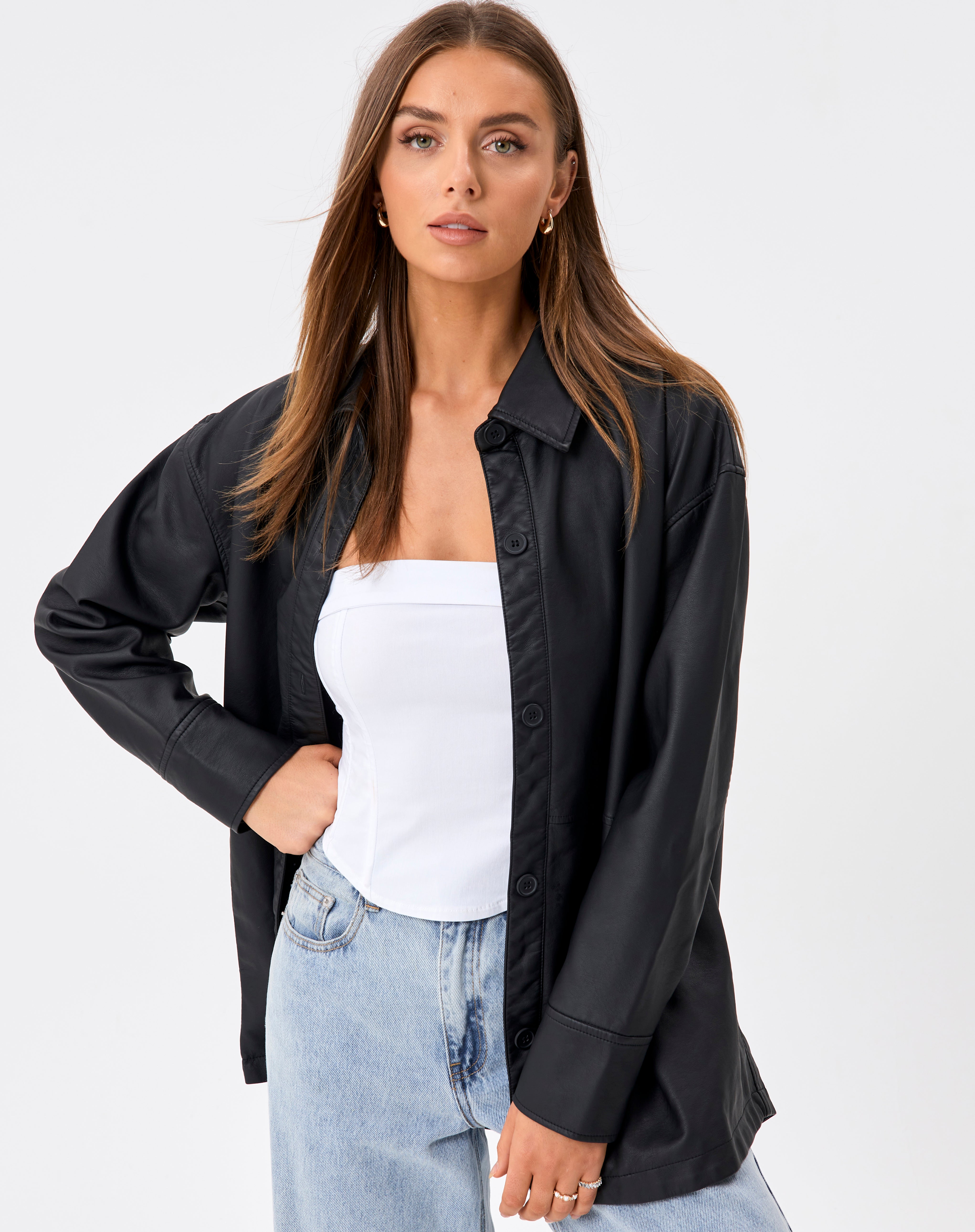 Faux Leather Long Sleeve Shacket in 