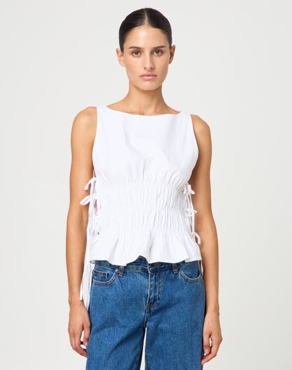 Poplin Tie Side Shirred Blouse in White | Glassons AU