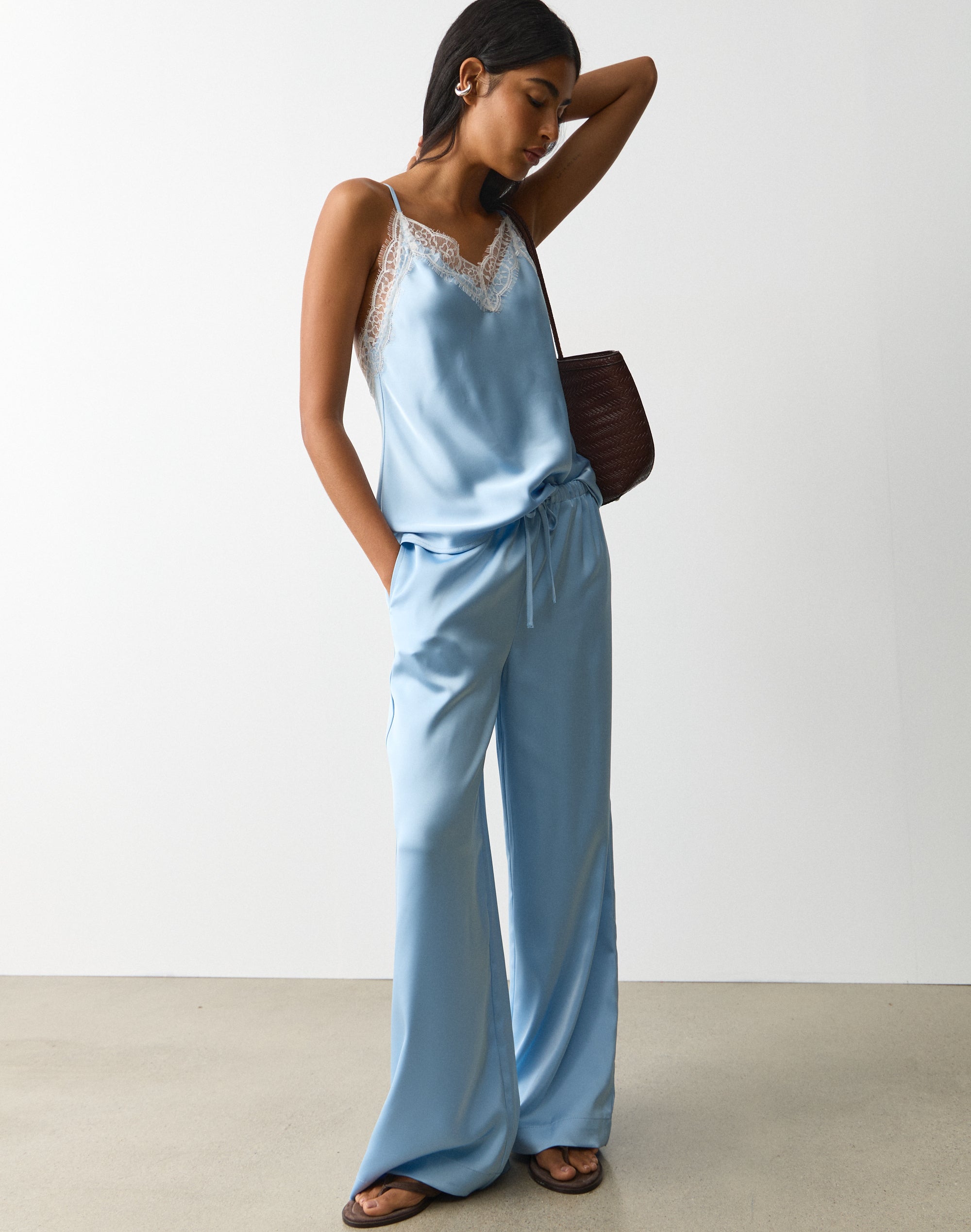 Tie Waist Wide Leg Satin Pant in Glacial Pace | Glassons US