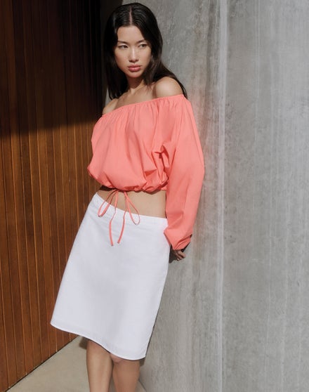 RUCHED POPLIN LOW RISE MIDI SKIRT